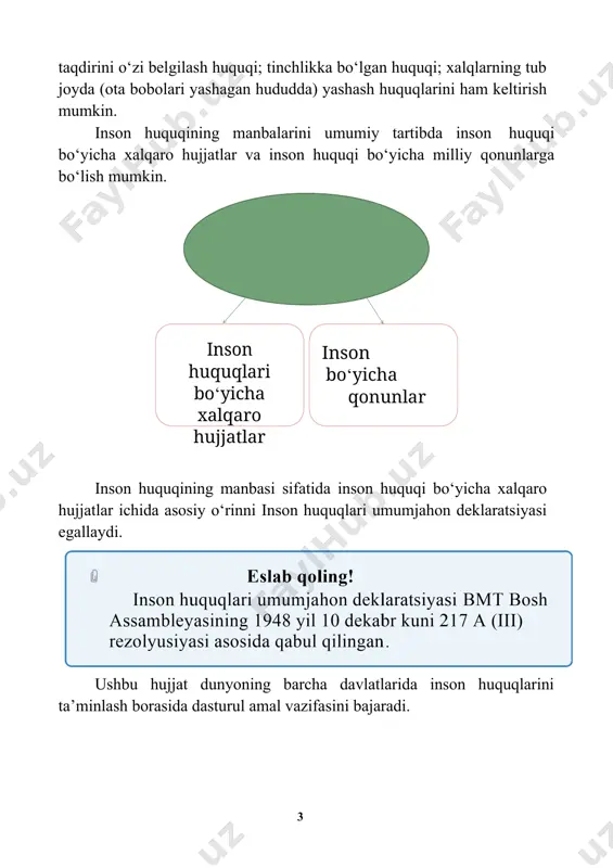 o‘lgan huquqlar majmuidir, deb ta’riflansa, boshqa joyda inson huquqlarini davlatlar konstitutsiyalari va xalqaro huquqda belgilab qo‘yilgan shaxsiy va jamoaviy huquqlarning yig‘indisidir, deb ta’riflashadi. insonning huquq va burchlari o‘zi yashaydigan davlatdagi butun ijtimoiy normalar (masalan, urf-odat, odob, an’analar, jamoat normalari, huquqiy normalar va boshqalar) bilan ham belgilanadi. insonning huquq va erkinliklari bitta huquq sohasining emas, balki barcha huquq sohalarining normalarida, konstitutsiyalarda o‘z aksini topadi. insonning konstitutsiyaviy huquqlari, erkinliklari va burchlari esa milliy qonunchilikka ko‘ra, asosiy sifati bilan ta’riflanadi. chunki, odatda, ular insonning eng muhim hayotiy manfaatlarini ifodalaydi, qolaversa, insonning konstitutsiyaviy huquqlari, erkinliklari oddiy, joriy qonunlarda emas, balki konstitutsiya normalarida mustahkamlab qo‘yilgan bo‘ladi va boshqa qonunlardagi huquqlari esa shu asosiy huquq va erkinliklarga mos tarzda yaratiladi. inson huquqlarini davlat tomonidan o‘rnatilgan, qonun asosida mustahkamlangan, jamiyatning har bir a’zosiga taalluqli bo‘lgan, yashash, turmush tarzini belgilash, o‘z xatti-harakatlarini to‘g‘ri amalga oshirish, unga berilgan imtiyozlardan foydalanish va jamoatchilik faoliyatini samarali olib borish imkoniyati, deb tushunish …