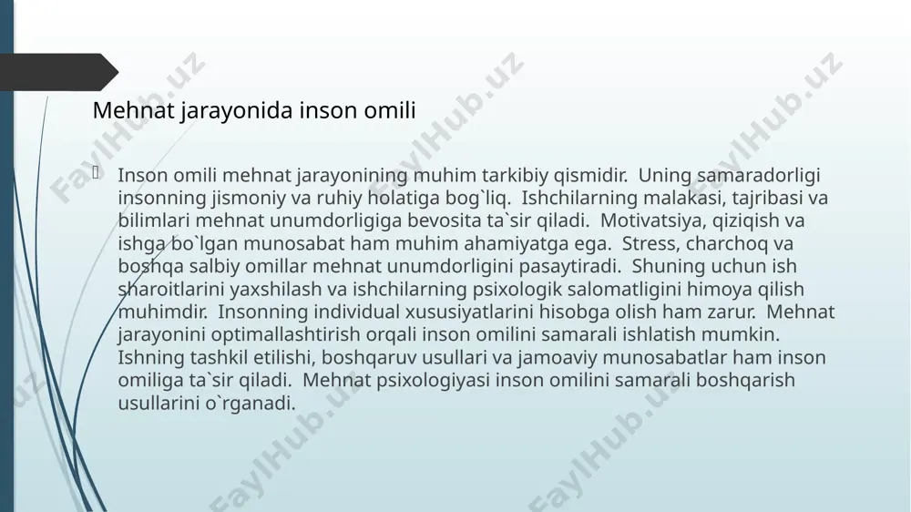 un asos bo`ladi. statistik ma`lumotlarni tahlil qilish tadqiqot natijalarini talqin qilish mehnat psixologiyasi tadqiqotining oxirgi bosqichidir. natijalarni talqin qilishda tadqiqot maqsadi va vazifalari hisobga olinadi. natijalarni talqin qilishda nazariy asoslar ham qo`llaniladi. natijalarni talqin qilishda ob`ektivlik va xolisonalik muhimdir. natijalarni amaliyotga tatbiq etish usullari ko`rsatib o`tilishi kerak. natijalarni talqin qilishda cheklovlar va muammolar ham ko`rsatiladi. tadqiqot natijalari amaliy tavsiyalarni ishlab chiqishga asos bo`ladi. natijalarni taqdim etishda aniqlik va tushunarlilik muhimdir. natijalarni turli xil auditoriyalar uchun moslashtirish zarur. tadqiqot natijalarini talqin qilish mehnat unumdorligini oshirishga qaratilgan tadqiqotlar mehnat psixologiyasining asosiy yo`nalishlaridan biridir. ushbu tadqiqotlar ishchilarning motivatsiyasi, ish qoniqishi va stress darajasi kabi omillarni o`rganadi. tadqiqotlar natijalariga ko`ra, ish unumdorligini oshirish uchun turli xil strategiya va usullar taklif etiladi. ish joyini optimallashtirish, ishchilarning malakasini oshirish, ish va dam olish rejimini to`g`ri tashkil etish kabi omillar muhim ahamiyatga ega. mehnat unumdorligini oshirish uchun muloqotni yaxshilash, jamoaviy ishni tashkil etish va boshqaruv usullarini takomillashtirish …