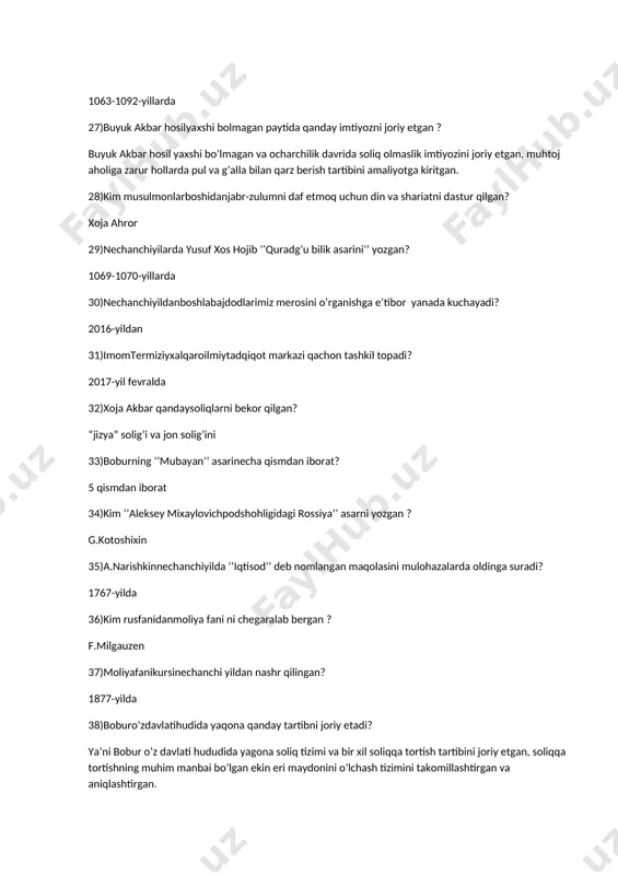 ’ asarinecha qismdan iborat? 5 qismdan iborat 34)kim ‘’aleksey mixaylovichpodshohligidagi rossiya’’ asarni yozgan ? g.kotoshixin 35)a.narishkinnechanchiyilda ‘’iqtisod’’ deb nomlangan maqolasini mulohazalarda oldinga suradi? 1767-yilda 36)kim rusfanidanmoliya fani ni chegaralab bergan ? f.milgauzen 37)moliyafanikursinechanchi yildan nashr qilingan? 1877-yilda 38)boburo’zdavlatihudida yaqona qanday tartibni joriy etadi? ya’ni bobur o’z davlati hududida yagona soliq tizimi va bir xil soliqqa tortish tartibini joriy etgan, soliqqa tortishning muhim manbai bo’lgan ekin eri maydonini o’lchash tizimini takomillashtirgan va aniqlashtirgan. 39)umarshayxmizro toshkent aholisidan qancha soliq talab qilgan ? 250000 dinor 40)deu kontsernijamoasiyarim kuning o’zida qancha oltin yig’di? 45 kilogramm 41)2008 yili aqsh qaysi bank tizimidagi boshlangan inqiroz butun dunyoni qamrab oladi? aqsh ipoteka banki tizimida 42)rossiya nechanchiyilargakelib top 10 talik qarzdor davlatlar ro’yhatidan chiqa olgan ? rossiya 2000-yillarga kelibgina bu ro’yxatdan chiqa oldi 43)o’zbekiston davlat byudjeti daromadinig necha foizi sobiq ittifoqdanqaytaribberiladigansubven- o‘zbekiston davlat byudjeti daromadining 30-40 foizi sobiq ittifoqdan qaytib beriladigan subven-tsiyadan iborat edi. 44)1988 yilda o’zbekiston olib …