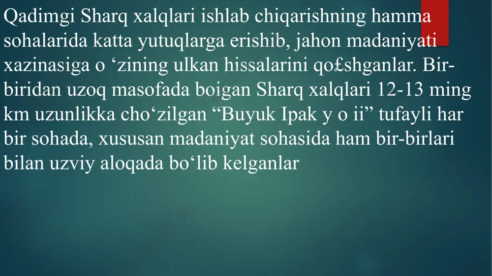 soliqlar (pul va natura holda) toʻlashgan. doro i davrida yagona tanga pul birligi — 8,4 g oltin ogʻirligidagi doriq joriy qilingan. eronda qadimgi fors va oromiy tilidan tashqari maʼmuriy ehtiyojlar uchun elam tilidan ham keng foydalanishgan. forslar koʻpgina finikiy va yunon shaharlariga muxtoriyat berib, ayrim mamlakatlarda (masalan, kilikiya, sugʻdiyona va boshqalar) mahalliy shohlar va hokimlar sulolasini saqlab qolganlar, ibodatxonalarni soliq va toʻlovlardan ozod etganlar. persepol bilan bir qatorda ahamoniylar bobil, suza va ekbatanani poytaxt qilishgan. image6.png image7.png image8.jpeg image9.jpeg image10.png image11.png image12.png image13.png image14.png image15.png image16.png image17.png image18.jpeg image19.jpeg image2.png image3.png image4.png image5.png /docprops/thumbnail.jpeg