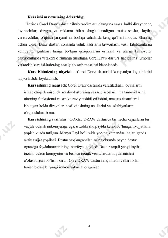oshiruvchi xar xil panellar tuplami. oynaning markazidagi katta oq maydon ishchi ishchi xudud bo’lib xar bir xujjat aloxida - aloxida ochiladi. ekranning tepa qismida bosh menyu bo’limlari quyidagicha nomlanadi: · fayl (file) · muxarrir (redaktirovanie, edit) · ko’rinish (prosmotr, view) · kampanovka (layout) · boshqaruv (upravleniya, arrange) · effektlar(effects) · nuqtaviy tasvir (toch.izob, vitmaps) · matn (text) · servis (tools) · oyna(okno,windows) · yordam(pomosh, ne1r) bu komandalarning xar biri funktsional jixatdan yakinbulgan amallarni bajaradi, masalan: matn menyusi matn bilan ishlaydigan komandalardan iborat, effekt menyusi nuktaviy va vektorli grafikani yaratadigan komandalar tuplamidan iborat. xossalar asboblar qatori ( rgoreggu var) xossalar asboblar qatoridagi ( rgoreggu var) maydonlar va tugmalar to’plami ,ishlatilayotgan asbob yoki belgilangan ob’ekt turiga bog’liq xolda (1.1-rasm) 1.1-rasm ko’rinishga ega bo’ladi, masalan, matn blokka olinganda xossalar katorida matn parametrlari aks etadi. corel draw ob’ektlar belgilanmagan xolatda xossalar qatorida (rgoreggu var) xujjatning umumiy parametrlari beriladi, masalan: varakning formati, joylashuvi va boshqalar. …