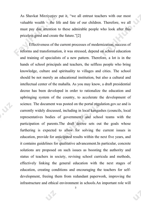 mphasized that it is essential, first of all, to revise the teaching load and the number of lessons in schools, to create a methodology aimed less at strict memorization of the material and more at encouraging students to reason and analyze.the experience of finland was cited as an example. this scandinavian nation is one of the most advanced in the world in terms of general literacy, science and mathematics.[3] “if we fail to change the learning methodology in schools, neither will the quality of education transform,” shavkat mirziyoyev suggested. the president stressed the importance of examining the brightest curricula around the world and introducing them in our country’s general school education. the ministry of public education was instructed to devise a national curriculum banking on the experience learned and launch its experimental implementation in the learning process starting from the 2023/2024 academic year.for the effective introduction of new approaches, all …