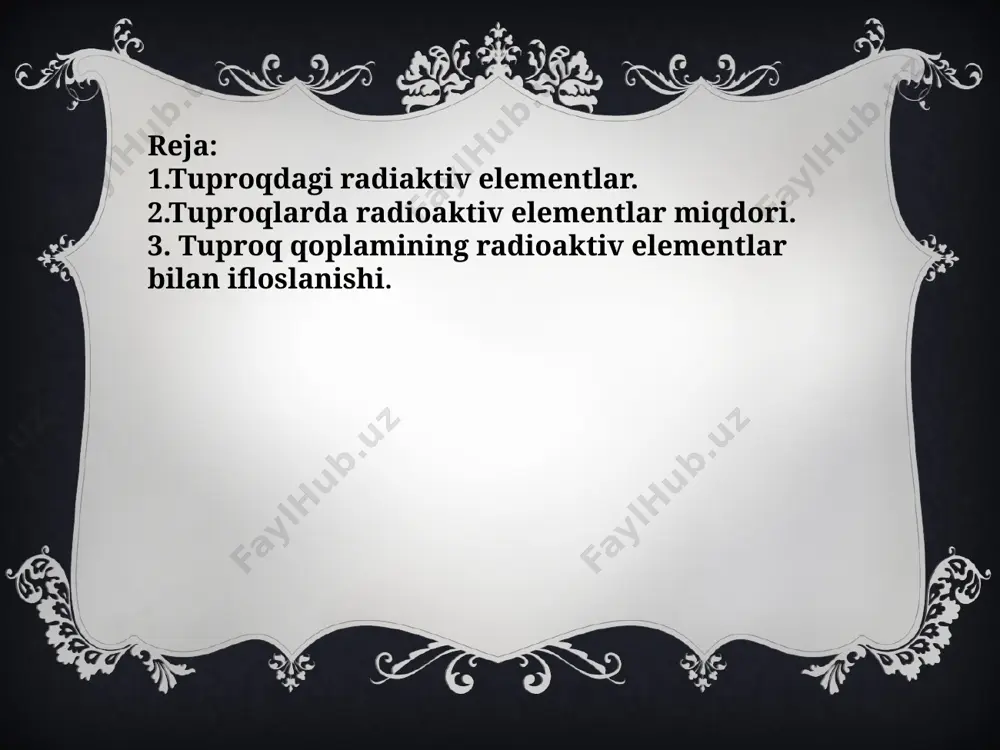 arida sezilmaydi. tuproq qoplamining radioaktiv elementlar bilan ifloslanishi tuproqlarning radioaktiv elementlar bilan ifloslanishi 1950 yillarda kuzatilgan. bu vaqtga kelib yadro qurolini sinash avj olib, ana shu qurol orqali tuproqlar ifloslangan. hozir esa yadro qurolidan tinchlik maqsadida foydalanish yo‘llari ko‘paydi. demak muhit ifloslanishi xavfi oshdi. bularga aes lar, atom muz yorar kemalari, uran shaxtalari, rudniklar, zavodlar va boshqalar kiradi. slanes bilan ishlaydigan issiqlik elektr stansiyalari, ko‘mir, neft yoqilishi va boshqalar ham atrof muhitni radioaktiv elementlar bilan ifloslaydi. hozirgi kunda yangi-yangi aniq ifloslangan maydonlar chernobil, sempalatinsk, nevadalar iflos-langan maydonlar hisoblanadi. radioaktiv ifloslanishda xarakterli tuproq xu-susiyatlaridan: ph, gumus, ozuqa elementlari va boshqa xususiyatlari o‘zgar-maydi. faqat shu zarrachaning, ya’ni radioaktiv elementning ruxsat etilgan konsentratsiyasi tuproqda, o‘simlikda o‘zgarishi mumkin. tuproqning ifloslanishida unda uzoq yashaydigan izotoplarning roli katta. bularga: sr90, i129, cs137, ce144, ra226, th292, u238,ru239lar kiradi og‘ir tuproqlarning yuqori darajada gumusli tuproqlarning o‘z-o‘zini tozalashi nisbatan qiyin. sabab radionuklidlar bunday tuproqlarga yaxshi yutiladi natijada kuchsiz migratsiyalanadi. …