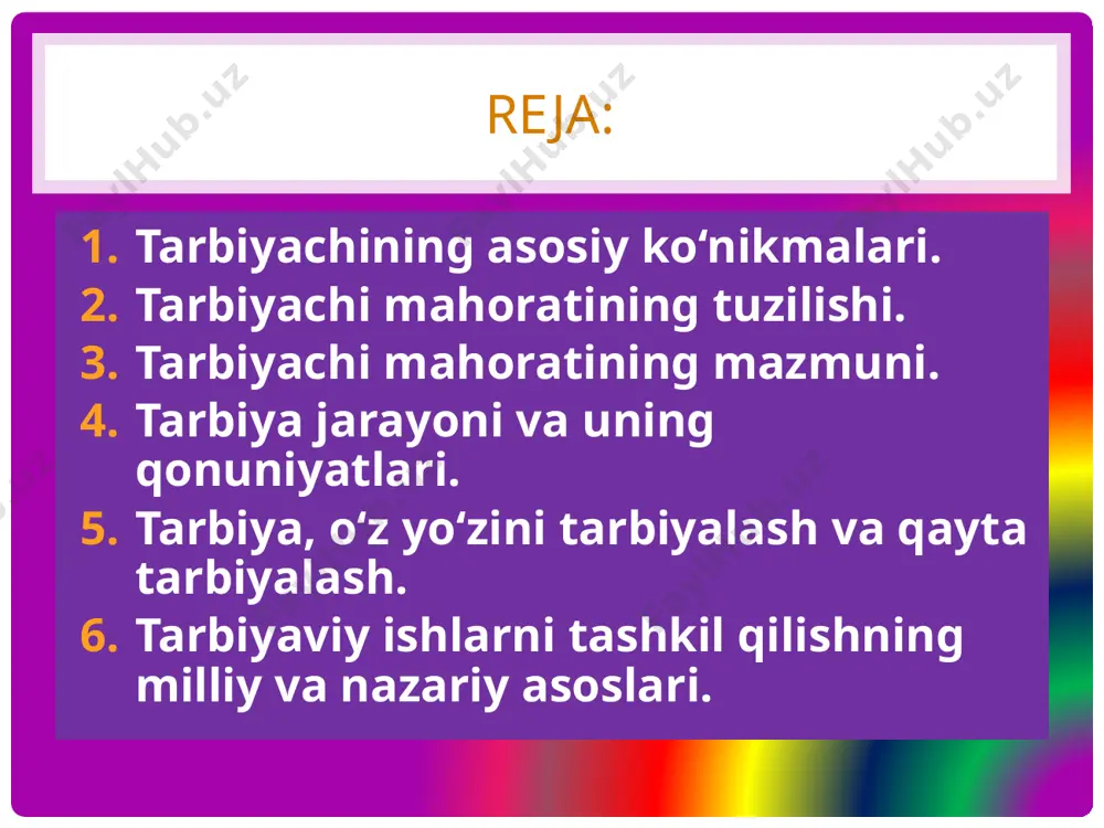eyinchalik qo‘llash, uslubiy o‘ziga xosliklar tahlili, pedagogik o‘ziga xos yondashuvlarning xarakteri. uslubiy tavsiyalar ishlanadi va ular qarab chiqiladi. tarbiyaviy ishlarda kattalar bilan bolalarni o‘zaro bog‘lovchi mazmun va shakl hamda usullar bo‘yicha jamoa ta’sirining o‘zaro munosabatlari alohida ahamiyat kasb etadi. tarbiyachining mahorati bolalar munosabatlarini yo‘naltira olish san’ati bilan xarakterlanadi. munosabatlar tizimchasida to‘g‘ri baholay olishni, fikrlashning shakllanishi asosida har bir jamoa a’zosining qimmatli tomonlari shaxs sifatida ochilib boradi. shu jamoa ijodiy faoliyatini tashkil etishda dastlabki suhbatlashish ishni tugallash bosqichi uchun zarurdir. bu o‘rinda bolalar qanday o‘zgarganligi qanday sifatlarga ega bo‘lganligi hisobga olinadi. baho bu o‘rinda samimiy, o‘zaro bir-birlarini to‘g‘ri tushunish asosida bo‘lishi kerak. to‘g‘ri munosabatlar shakllanishiga yakuniy yig‘in, «chaqmoq» chiqarish tarbiyalanuvchi xulqi va muammolarni muhokama etish, har bir vazifalarni bajarishda ayrim shaxs ishini baholash va to‘g‘ri tahlil etishdan iborat bo‘lmog‘i zarur. bolalar muhitida munosabatlarni to‘g‘ri boshqarish uchun ustoz tarbiyachiga jamoa ichidagi va jamoalar o‘rtasidagi bog‘liqliklarni, ziddiyatlarning kelib chiqish tabiatini bilish muhim hisoblanadi. …