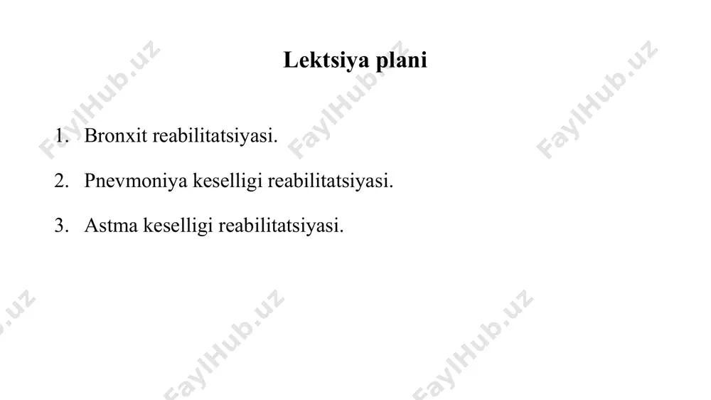 simptomlardıń tásirin kemeytiw 2. fizikalıq aktivlikti asırıw 3. nawqastıń shólkem sırtındaǵı ǵárezsizligin támiyinlew 4. kúndelik turmısda qatnasıwdı asırıw 5. salamatlıq menen baylanıslı turmıs sapasın jaqsılaw 6. den sawlıqtı saqlawǵa itibar qaratıw ushın nawqastıń minez-qulqların ózgertiw dem alıw aǵzaları keselliklerinde qollanılatuǵın reabilitatsiya kompleksi maqset: spasmolitik, bronxolitik, antihistaminik, sedativ, isiwge qarsı, bakteriotsitar, bakteriostatik, emuvchi, ókpe drenajini jaqsılaytuǵın strelnikov hám buteyko ushın bólek nápes. ótkir bronxit - bronxial terektiń ótkir isiw procesi menen kórinetuǵın bolatuǵın kesellik, tiykarlanıp juqpalı etiologiya –traxeyanin’ patologikalıq processga tartiniwi traxeobronxit dep esaplanadı. sozılmalı bronxit- bronxial terektiń sozılmalı diffuzli isiwi, bunda bronxlar uzaq waqıt dawamında túrli zıyanlı elementlar tásirine dús boladı kesellik bronxial diywal hám peribronxial toqımalarda isiw-sklerotik ózgerisler rawajlanıwı, bronxlarda silekey payda bolıwı hám bronxlarning drenaji menen xarakterlenedi. keselliktiń klinikalıq belgileri ámeldegi bolsa, basqa organlar yamasa sistemalardıń zaqım aliwi menen baylanıslı bolmasa, jılına keminde úsh ay dawamında 2 jıl dawamında, ol sozılmalı bronxit dep esaplanadı. medicinalıq reabilitatsiyaning maqseti: sawlaw …