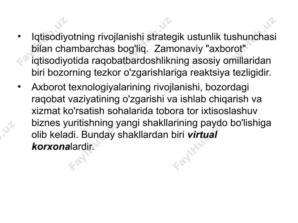 shdan maqsad: iste'molchilarning individual ehtiyojlarini maksimal darajada qondirish orqali foyda olish. ushbu faoliyatni birgalikda tashkil etish va amalga oshirish uchun bozor ehtiyojlariga mos keladigan resurslar, bilim va qobiliyatlarga ega bo'lgan yangi sheriklarni izlash. misol dunyodagi eng yirik samolyot ishlab chiqaruvchi kompaniyalardan biri, 60-yillarning oxirida evropaning bir nechta samolyot ishlab chiqaruvchilarining birlashishi natijasida tashkil topgan. xuddi shu nomdagi yo'lovchi, yuk va harbiy transport samolyotlarini ishlab chiqaradi. misol apple va sony kompaniyalarini birlashtirgan powerbook loyihasi. + = virtual korxonalarning asosiy shakllari virtual hamkorlik (sheriklik) virtual korxonalarning asosiy shakllari virtual uyushma(assosiatsiya) uyushma (ittifoq; lot. associo — qoʻshilish) — notijorat tashkilotlarining tashkiliy-huquqiy shakllaridan biri boʻlib, yuridik shaxslar va/yoki fuqarolarning boshqa birlashmalarga qoʻshilish huquqiga ega boʻlgan ixtiyoriy birlashmasi hisoblanadi. virtual korxonalarning asosiy shakllari virtual konsorsium konsorsium (lot. consortium -shirkat, ishtirok etish) — kompaniyalar, banklarning kapitaltalab, juda keng koʻlamdagi iqtisodiy loyihani amalga oshirish yoki qarzlarni hamkorlikda joylashtirish uchun tuzilgan vaqtinchalik birlashmasi. k. aʼzolarining huquq va majburiyatlari …
