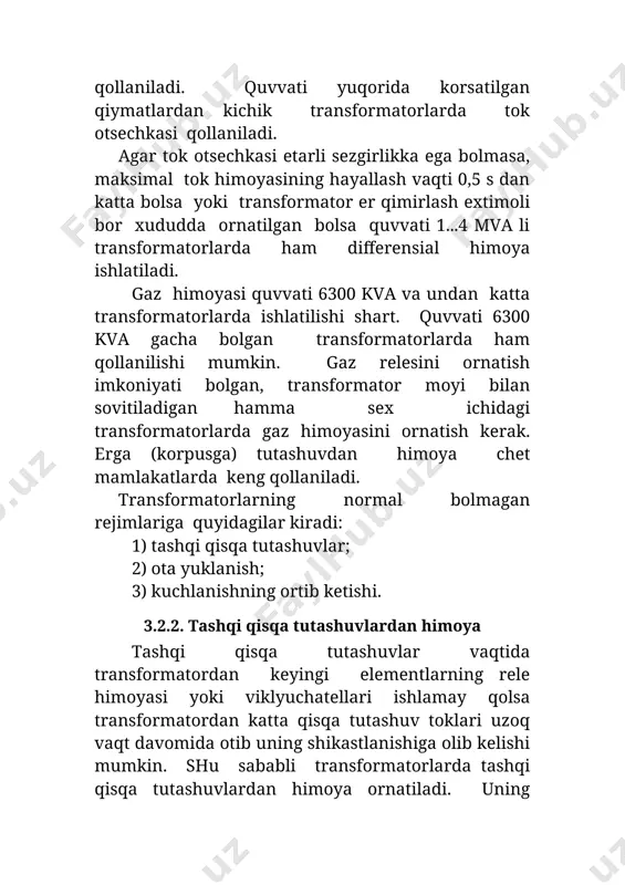 vaqtida transformatordan keyingi elementlarning rele himoyasi yoki viklyuchatellari ishlamay qolsa transformatordan katta qisqa tutashuv toklari uzoq vaqt davomida o�tib uning shikastlanishiga olib kelishi mumkin. shu sababli transformatorlarda tashqi qisqa tutashuvlardan himoya o�rnatiladi. uning hayallash vaqti transformatordan keyingi elementlar himoyalarining hayallash vaqtlaridan katta qilib olinadi va rezerv himoya bo�lib hisoblanadi. bu himoya ichki qisqa tuashuvlarda ham asosiy himoyalar ishlamay qolganda ishlaydi. tashqi qisqa tutashuvlardan himoya maksimal tok himoyasi (mth) ko�rinishida bajariladi va ikki cho�lg�amli pasaytiruvchi transformatorning yuqori kuchlanish tomoniga o�rnatiladi. himoyaning ishga tushish toki. ihi=kz qo�i iish.max/kq, bu erda kz=1,1; kq=0,8; iish.max-maksimal ishchi tok; qo�y- umumiy yuklamaning o�z ishga tushish koeffitsienti. umumiy yuklamaning o�z ishga tushish koeffitsienti ko�i quyidagicha hisoblanadi: 1. himoya qilinayotgan transformatorga ulangan dvigatellarning ishga tushish toklarining yig�indisi topiladi ipe =ip.dv+ip.ng=kyu rdv/(1,73 udv.nomcos φ)+ kp.n sng/ (unt1,73) bu erda ip.dv – dvigatellar yurgizish toklarining yig’indisi; ip.ng – umumlashgan yuklama tarkibidagi dvigatellarning yurgizish toklarining yig’indisi; kyu – dvigatel yurgizish tokining …