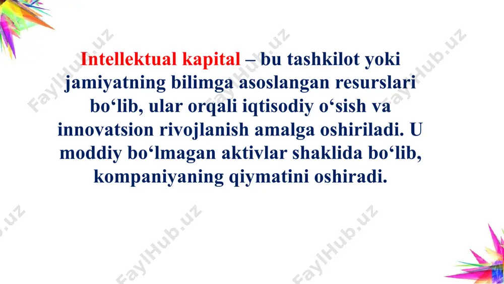 adi va hujjatlashtiriladi . tegishli davlat organiga ariza topshiriladi. ekspertiza o‘tkazilib, patent yoki sertifikat beriladi. . huquqiy monitoring va muhofaza amalga oshiriladi. bilimlar iqtisodiyoti bilimlar iqtisodiyoti — bu intellektual kapitalga asoslangan isteʼmol va ishlab chiqarish tizimi. xususan, bu ilmiy kashfiyotlar va amaliy tadqiqotlardan foydalanish qobiliyatini anglatadi. bilimlar iqtisodiyoti yuqori darajada rivojlangan mamlakatlarda faoliyatning katta qismini tashkil qiladi. bilim iqtisodiyotida qiymatning muhim tarkibiy qismi uning xodimlarining bilimlari yoki intellektual mulklari qiymati kabi nomoddiy aktivlardan iborat boʻlishi mumkin. qaysi davlat eng katta bilim iqtisodiyotga ega? bilimlar iqtisodiyoti omillari birlashgan millatlar tashkiloti taraqqiyot dasturining 2012-yildan keyin jahon banki bilimlar iqtisodiyoti indeksini almashtirgan global bilim indeksi bilan o‘lchanadi. bu ko‘rsatkich har bir mamlakatga bilim iqtisodiyoti uchun “yordam beruvchi omillar” asosida baho beradi, masalan, taʼlim darajasi, texnik va kasbiy tayyorgarlik, innovatsiyalar va kommunikatsiya texnologiyalari. oxirgi nashrga koʻra, shvetsariya jami 71,5 % ball bilan bilimlar iqtisodiyoti boʻyicha birinchi oʻrinda turadi. keyingi ikki o‘rinda har biri 70,0 …