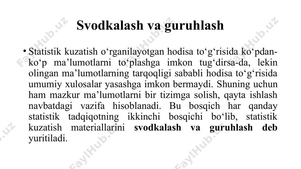 arga ajratib o‘rganiladi. omil belgi natijaga ta’sir qiluvchi belgidir. natijaviy belgi esa omil belgi ta’sirida o‘zgarib turuvchi belgidir. masalan, mehnat unumdorlishi guruhlash belgisi bo‘lib, uning ta’siri ostida mahsulot tannarxining o‘zgarishi kuzatilayotgan bo‘lsa, u holda mehnat unumdorligi omil belgi, tannarxning o‘zgarishi natijaviy belgi bo‘lib hisoblanadi. ko‘zlangan maqsad va vazifalarga qarab, hodisalarni muhim va muhim bo‘lmagan belgilar bo‘yicha guruhlash mumkin. muhim belgilar hodisaning mohiyatini, xususiyatini ifodalaydi. korxonalarni mahsulot hajmi, ishlab chiqarish fondlari bo‘yicha guruhlash muhim belgi bo‘yicha guruhlashga misol bo‘la oladi. muhim bo‘lmagan belgilar hodisaning faqatgina tashqi tomonini tavsiflaydi. bunga korxonalarni ularning nomi, kimga qarashligi kabi belgilar bo‘yicha guruhlashlar misol bo‘la oladi. guruhlash oralig‘i belgining eng katta va eng kichik variantalari ayirmasining guruhlar soniga nisbati bilan aniqlanadi. oraliqlar: teng va teng bo‘lmagan; ochiq va ochiq bo‘lmagan; maxsus ko‘rinishlarda bo‘lishi mumkin. teng oraliq deyilganda barcha guruhlar uchun bir xil bo‘lgan oraliq tushuniladi. u quyidagicha hisoblanadi: bu yerda: h – oraliq kattaligi; xmax – …