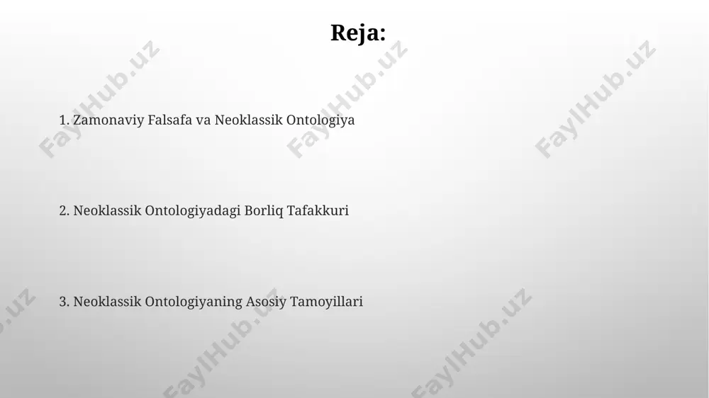 giyaning kelib chiqishi neoklassik ontologiya 20-asrning boshlarida, predmetlarning xususiyatlari va munosabatlarini matematik usullar bilan tahlil qilishga asoslangan, klassik ontologiyaning yangi talqinlaridan kelib chiqqan. 19-asr oxiri va 20-asr boshlaridagi matematik mantiq va to'plamlar nazariyasining taraqqiyoti neoklassik ontologiyaning rivojlanishiga sezilarli ta'sir ko'rsatdi, yangi formal tizimlarni yaratishga imkon berdi. neoklassik ontologiyaning asosiy g'oyalari neoklassik ontologiya, 3 ta asosiy ontologik kategoriyani – mavjudot, xususiyat va munosabatlarni, obyektlarning 1-darajali va 2-darajali xususiyatlarini farqlash orqali tahlil qiladi. ushbu ontologiya, mavjudotlar o'rtasidagi 5ta asosiy munosabat turini – tenglilik, to'plam, tarkibiy qism, funktsional va vaqtinchalik munosabatlarni ta'kidlaydi. kelajakda neoklassik ontologiyaning rivojlanishi meta-ontologiya va formal ontologiya yondashuvlari birlashishi natijasida 2030-yildan keyin neoklassik ontologiyaning yangi paradigmasi – "kuchaygan ontologiya" paydo bo‘lishi mumkin. katta ma'lumotlar (big data) tahlili va mashinaviy o'rganish algoritmlarining rivojlanishi neoklassik ontologiya modellari murakkabligini 10-15 barobarga oshirishga imkon beradi. realizm va idealizm bahslari realizm va idealizm o'rtasidagi 17-asr falsafasidan meros bo'lib qolgan tortishuvlar neoklassik ontologiyada yangi shaklda namoyon …