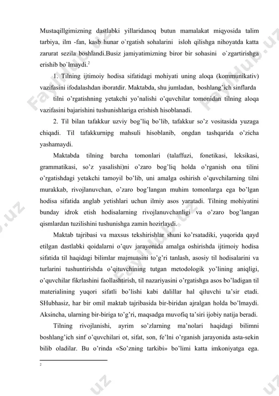 o’zakli so’zlar guruhining hosil bo’lishiga sabab bo’ladi: ishli, ishsiz, ishchi kabi. boshlang’ich sinflarda tilning rivojlanishi haqidagi masala maxsus o’rganilmaydi. tilga jamiyatning rivojlanishi bilan bog’liq holda rivojlanadigan hodisa sifatida ilmiy qarashga zamin yaratish muhim ahamiyatga ega. tilning leksik tomoni boshqalariga nisbatan xarakatchan, tez rivojlanadigan bo’lgani uchun, til leksikasi misolida boshlang’ich sinf o’quvchilari saviyasiga mos ravishda jamiyatning rivojlanishi bilan bog’liq holda tilning ham rivojlanishi tushuntiriladi. tilning leksik tarkibida yuz berayotgan o’zgarishlar yuzasidan o’qituvchi va o’quvchilarning kuzatishlari bolalarda dunyoni bilish haqidagi tasavvurini shakllantirishga mos material beradi. tildan bilim berishda o’quvchilarning hayotiy tajribasiga tayanish muhimdir. o’qituvchi nazariy xarakterdagi umumlashtirish zarur bo’lgan daliliy materiallarni yig’ish bosqichida ham, berilgan bilimlarni amaliyotga tatbiq etish uchun ham bolalarning hayotiy tajribasiga, nutqqa oid amaliyotiga tayanadi. tilga oid bilimni o’rganish natijasida o’quvchilar nutq faoliyatining sifati o’zgaradi, ongliligi ortadi. o’tgan asrning 50-70-yillari mobaynida boshlang’ich sinflarda ona tili o’qitish metodikasi sohasida anchagina qo’llanmalar yaratildi. bu yillarda ona tili o’qitish metodikasi fan sifatida …