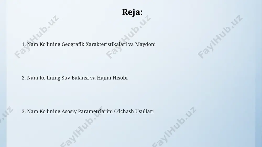 b, geografik axborot tizimlari (gis) texnologiyalari orqali hisob-kitoblar olib boriladi, bu esa aniqroq natijalarga olib keladi. nam ko'lining suv hajmini aniqlash uchun, chuqurlik o'lchamlari va maydon hisob-kitoblari natijalaridan foydalanib, matematik formulalar (v = sh) yordamida hisoblanadi, bu yerda v - hajm, s - maydon va h - o'rtacha chuqurlikni bildiradi. nam ko'lining suv haroratini o'lchash qo'rqon suv omboridan nam ko'liga oqib kiruvchi suvning harorati, o'lchovlarga ko'ra, nam ko'lining suv haroratiga nisbatan 1-3°c past bo'lib, taxminan 21-23°c ni tashkil etdi. bu farq suvning aralashishi va quyosh nurlarining ta'siriga bog'liq. nam ko'lining chuqurligi turlicha bo'lganligi sababli, suv harorati chuqurlikka qarab o'zgarib turadi; masalan, 5 metr chuqurlikda 22°c, 10 metrda esa 18°c kuzatildi. bu o'lchamlar buxoro viloyatining gidrologiya stantsiyasi tomonidan amalga oshirildi. nam ko'lining shimoliy qirg'og'ida, 2023-yilning iyul oyida o'tkazilgan o'lchamlarga ko'ra, suv harorati o'rtacha 24-26°c ni tashkil etdi, bu esa ko'lning janubiy qismiga nisbatan 2°c pastroqdir. nam ko'lining hajmini hisoblash nam ko'lining …