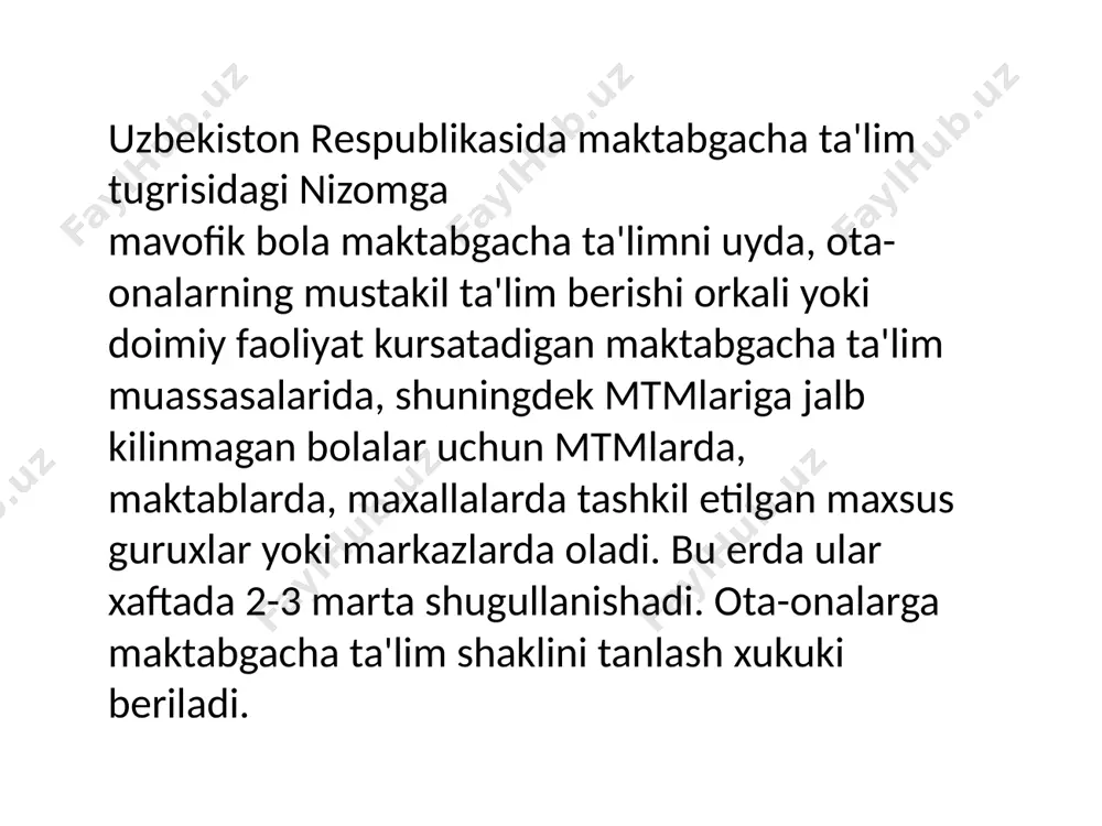 kun tartibi uzgaradi, erkin uyinlar vakti kiskaradi. bolaning mustakilligi va uyushganligi, uning ishchanligi va intizomlilikka talablar jiddiy ravishda ortadi. maktabgacha yoshdagi bolalikka nisbatan ukuvchining uz xatti-xarakati, majburiyatlarini bajarishga shaxsiy ma'suliyati ancha-muncha ortadi. bolalarni maktabga tayyorlash, birinchidan bolalar bogchasida tarbiyaviy ishni maktabgacha tarbiya yoshidagi bolalarni umumiy, xar tomonlama rivojlantirishning yukori darajasini ta'minlaydigan, ikkinchidan bolalarni maktabning boshlangich sinflarida uzlashtirishlari lozim bulgan ukuv fanlarini egallashga maxsus tayyorlashni ta'minlaydigan kilib tashkil etilishini nazarda tutadi. maktabga umumiy tayyorgarlik mtmsining maktabgacha tarbiya yoshidagi bolalarni xar tomonlama tarbiyalashga oid davomli, maksadga muvofik ta'lim-tarbiyaviy ishning muxim yakuni sifatida namoyon buladi. maktabga umumiy tayyorgarlik bolaning maktabga borish vaktiga kеlib akliy, ma'naviy, estеtik va jismoniy rivolanishda erishgan shunday darajasidirki, u bolaning maktab ta'limining yangi sharaoitlariga va ukuv matеrialining ongli egallashga faol kirib borishlari uchun zarur asosni yaratadi. umumiy tayyorgarlik bola maktab ta'limiga utish davriga kеlib erishadigan psixik rivojlanishning muayan darajasi bilan ifodalanadi. psixologik tayyorgarlik tushunchasi maktab ta'limi nuktai-nazaridan 1 sinfga …