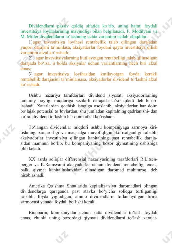 niya aksariyat aksiyadorlarning umidlarini qondiradigan dividend siyosatini amalga oshirishi kerak. agar aksariyat aksiyadorlar joriy daromadga ustunlik berishsa, dividend siyosati joriy iste’mol maqsadida imtiyozli foyda yoʻnalishidan kelib chiqishi kerak. aksincha, aksariyat aksiyadorlar aksiyalarning bozor qiymatini oshirishni ma’qul koʻrsalar, u holda dividend siyosati uni taqsimlash jarayonida foydaning asosiy kapitallashuvidan kelib chiqishi kerak. bunday dividend siyosatiga rozi boʻlmagan aksiyadorlarning bir qismi oʻz kapitalini boshqa kompaniyalarning aksiyalariga qayta kiritadi, natijada mijozlar tarkibi bir xil boʻlib qoladi. dividend siyosatini shakllantirishga uchta asosiy yondashuvni ajratish odatiy holdir - "konservativ", - "moʻtadil" ("murosa") va - "tajovuzkor". ushbu yondashuvlarning har biri dividend siyosatining ayrim turlariga mos keladi. 1. dividendlarni toʻlashning qoldiq siyosati dividendlarni toʻlash fondi korxonaning investitsiya imkoniyatlarini toʻliq amalga oshirilishini ta’minlab, oʻzining moliyaviy resurslarini shakllantirish zaruriyatidan soʻng shakllanadi, deb hisoblaydi. 1-jadval dividend siyosatining asosiy turlari va uni aksiyadorlik jamiyatida shakllantirishga yondashuvlar yondashuvni aniqlash shakllanishiga qadar dividend siyosati amaldagi turlarning oʻzgarishi dividend siyosati konservativ yondashuv 1. qolgan dividendlarni …