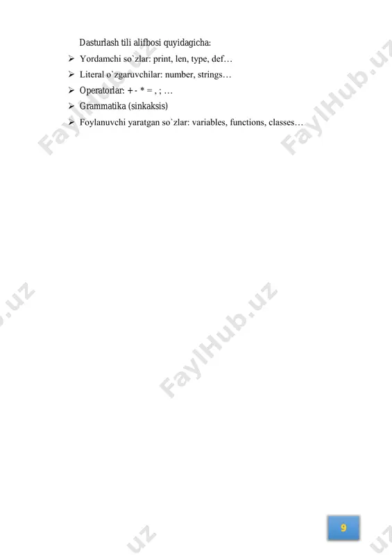 tizimida yozilgan python dasturini gnu/linuxda ishga tushirishingiz va bir xil natija olishingiz mumkin. python dasturini kompyuterga o‘rnatish bir necha bosqichlardan iborat: https://www.python.org/downloads/windows/ rasmiy veb saytiga kirib, kompyuteringizning texnik parametrlarini hisobga olgan holda eng so‘nggi versiyasini yuklab oling. kompyuterning texnik parametrlariga, razryadi, (64 bit yoki 32 bit) qaysi operatsion sistema o‘rnatilganligi va boshqa parametrlar kiradi. keltirilgan dasturlarni yechishda python 3-versiyasi yoki undan keyingi versiyalar kerak bo`ladi. idle ni ishga tushirish tartibi: 1.4-1.5-rasmlar. idle python dasturini ishga tushirish idle ni ishga tushirgandan so`ng quyidagi oyna paydo bo`ladi: 1.6-rasm. idle python dasturining ishchi oynasi idle da yangi fayl yaratish: 1.7-rasm. idle pythonda yangi fayl yaratish untitled nomi ostida yangi fayl yaratiladi: 1.8-rasm. yangi fayl yaratish faylni saqlash uchun file-save yoki ctrl+s tugmalarini bosamiz. kerakli papkani tanlab, faylimizga nom berib saqlaymiz. .py kengaytmali fayl paydo bo`ladi. masalan, dastur.py 1.9-rasm. yangi faylni saqlash o'rganishning eng boshida pythonni oddiy interaktiv kalkulyator deb hisoblash mumkin. interaktiv idle …