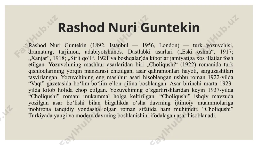 mana shu kechinmalarga g`ururi, nafrati, qaysarligi sabab qilib olingan. asar sarlavhasi asarning bosh qahramoni bo`lmish feride tabiatan ozod erkin bo`lib yashashni xohlaydigan mard, jasur obraz sifatida talqin qilingan. shuning uchun ham yozuvchi ushbu asarni “choliqushi” deb nomlagan. portret va personaj tasviri ko`pchilik asarlardagi bosh qahramon qiz obrazi sodda, ko`ngilchan, muloyim qilib tasvirlanadi. lekin rashod nuri guntekin feride obrazini buning aksi qilib yoritgan, ya`ni uni qat`iyatli, jur`atli, mard, o`zini xafa qildirib qo`ymaydigan, hayot qiyinchiliklariga chidamli va shu bilan birga ich ichidan o`zi ham tan ololmaydigan sevgisining asirasi sifatida gavdalantirgan. kamron obrazini esa buing aksi, biroz bo`shroq, muloyim, qat`iyatsiz lekin shu bilan birga oliyjanob inson qilib tasvirlagan. yozuvchi tomonidan bu ikki qarama-qarshi obrazlarning psixologiyasi juda kuchli va aniq qilib ochib berilgan. asardagi voqealar rivojida muallif va bosh qahramon qiz o`rtasida kontrast holatlari ham berib o`tilgan. ya`ni, feridening og`ir va mashaqqatli safarlaridagi qiyinchiliklari bilan birga muallif tomonidan ba`zi so`lim joylarning chiroyli tabiati, go`zal …