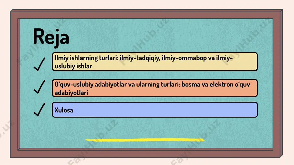 ar va onlayn resurslar. bu turdagi adabiyotlar tezkor va qulay foydalanish imkonini beradi. • bosma o‘quv adabiyotlarining afzalliklari: an'anaviy ko'rinish, o'qish jarayonida ko'z bilan ko'rish imkoniyati. kamchiliklari: joy egallashi, yangilanishi qiyin. • elektron o‘quv adabiyotlarining afzalliklari: har xil qurilmalarda foydalanish, yangiliklar va o'zgarishlarni tezkorlik bilan aks ettirish. kamchiliklari: ekran ko'zga zarar yetkazishi mumkin. 1 2 bosma va elektron adabiyotlar taqqoslash bosma adabiyotlar o‘quv jarayonida muhim rol o‘ynaydi. ular an'anaviy ta'limda o‘quvchilar uchun zaruriy ma'lumotlarni taqdim etadi. kitoblar va jurnallar, o‘quvchilarni nazariy bilimlar bilan ta'minlab, mustaqil o‘rganishga yordam beradi. elektron adabiyotlar zamonaviy ta'limda muhim ahamiyatga ega. ular oson kirish imkonini taqdim etadi va o‘quvchilarga yangiliklardan xabardor bo‘lishda yordam beradi. har ikkala turdagi adabiyotlarni birgalikda foydalanish, o‘rganish jarayonini samarali qiladi. ilmiy tadqiqot ishlari turlari ilmiy tadqiqot ishlarining asosiy turlari: - eksperimental tadqiqotlar - nazariy tadqiqotlar - amaliy tadqiqotlar ularning maqsadlari: yangi bilimlarni kashf etish, muammolarni hal qilish va amaliyotga tatbiq etish. ilmiy …