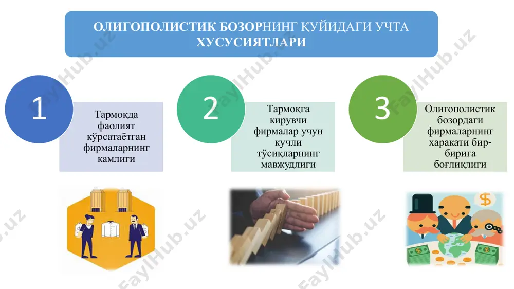 харажатга (p=mc) тенг бўлгани учун иккала фирманинг фойдаси нолга тенг бўлади. бу ҳолат биринчи фирма нархни юқори белгиласа (p1>pe), у бирорта ҳам товар сота олмайди, иккинчи фирма эса бутун бозорни эгаллайди. агар биринчи фирма нархни пасайтирса (p1 pe), иккаласи ҳам фойда олиши мумкин. лекин, бу ҳолда фирмалардан бири нархни бироз пасайтириб(pn<pe), бозорни эгаллаб, юқори фойда олиши мумкин. бу ҳолат нарх чекли харажатга (p=mc) тенг бўлгунига қадар давом этади. демак, бир вақтда нарх белгилаш стратегияси бир вақтда ҳажм белгилаш стратегиясидан кескин фарқ қилиб, бутунлай бошқа натижага олиб келар экан. товарлар дифференциаллашганда нарх бўйича рақобат модели. олигополик бозорда бир турдаги товарлар ишлаб чиқарилса ҳам, бу товарлар дифференсиаллашган бўлиши мумкин. масалан, бензин бир турдаги товар бўлиши билан бирга у дифференциаллашган, маркаси бўйича ёқилғи қуйиш шоҳобчасининг жойлашиши ва хизмат кўрсатиши бўйича бир-биридан фарқ қилади. нарх белгилашда лидерликда лидер-фирма нархни биринчи бўлиб, белгилайди, қолганлар унинг нархига қараб ўз нархларини белгилайдилар. бундай фирмаларни эргашувчи фирмалар деймиз. …