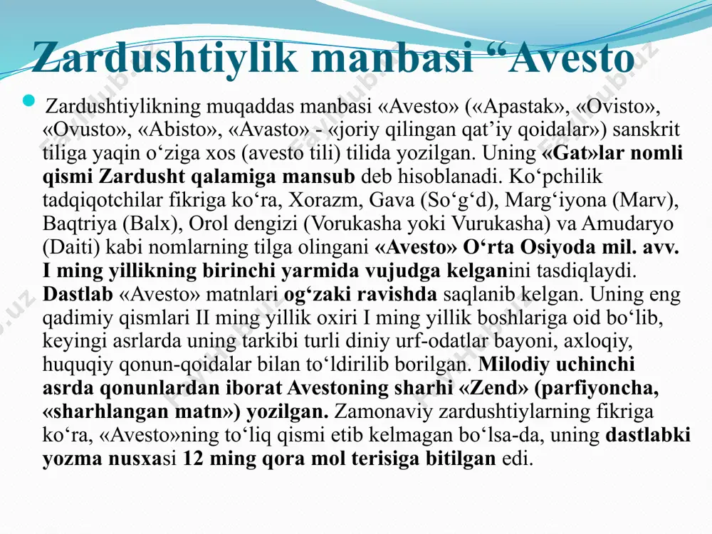 ol-javoblari, qasam ichish, va’dada turish, ahdni buzish, tozalik, yuvinish asoslari kabi masalalar yoritilgan. «yasna» - diniy marosimlarda o‘qiladigan duolar bo‘lib, 72 bobdan tashkil topgan. zardushtning so‘zlari hisoblanadigan 17 fasl, 338 qit’a, 896 misra va 5560 so‘zdan iborat «gat»lari ham shu bo‘limdan joy olgan. «gat»ning har bir she’ri pahlaviy tilida «gas» deyiladi. umuman olganda, bu bo‘limda olovning muqaddasligi, zardushtiylik marosimlari orasida olovga e’tiqod qilish, axura-mazda nurining quyoshda namoyonligi va uning erdagi zarrasi deb bilinishi, olovning haqni nohaqdan, eng oliy gunoh hisoblanmish yolg‘onni rostdan ajratib berishi, yolg‘onning chin e’tiqodga xiyonat, deb qoralanishi kabi e’tiqodiy tushunchalar o‘z aksini topadi. «visparad» - 24 bobdan tashkil topgan bo‘lib, ma’budlar sha’niga o‘qiladigan duo va pand-nasihatlardan iborat. 22 bobdan tashkil topgan «yasht» esa har bir bobi axura-mazdadan boshlanib, u tomonidan yaratilgan va uning ma’lum vazifalarini bajaruvchi ma’budlar sha’niga aytilgan madhiyalardan iborat. zardushtiylik ta'limoti zardushtiylik ta’limotiga ko‘ra, zardusht o‘ttiz yoshga yetganida unga payg‘ambarlik vazifasi berilgan. u o‘z tarafdorlari …