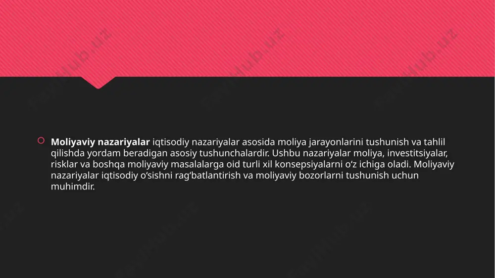 ni kamaytirishdir. sug‘urta nazariyasi: sug‘urta mahsulotlarini baholash va risklarni boshqarish mexanizmlarini o‘rganadi. moliyaviy nazariyalar va ularning amaliyoti moliyaviy nazariyalar iqtisodiy faoliyatni tushunishda va moliyaviy qarorlar qabul qilishda asosiy ahamiyatga ega. ular quyidagi sohalarda qo‘llaniladi: investitsiyalar: investorlar uchun optimal investitsiya strategiyalarini ishlab chiqish. moliyaviy tahlil: kompaniyalar va iqtisodiy sub'ektlar uchun moliyaviy natijalarni tahlil qilish va prognozlash. risklarni boshqarish: risklarni baholash va boshqarish strategiyalarini ishlab chiqish. qaror qabul qilish: moliyaviy qarorlar va strategiyalarni belgilashda qo‘llaniladi. moliyaviy nazariyalar turlari va ularning tafsilotlari klassik nazariyalar raqobatbardosh bozor nazariyasi: asosiy qoidalar: bozorda har qanday tovar yoki xizmat uchun narxlar talab va taklifga asoslanadi. raqobatchilar soni ko‘payganida, narxlar pasayadi. samaradorlik: raqobatli bozorlar resurslarni samarali taqsimlaydi, lekin monopoliyalarda va oligopollarda narxlar ko‘tarilishi mumkin. aksiyadorlik nazariyasi: dividenda asoslangan tahlil: aksiyadorlar uchun dividendlar asosiy daromad manbai bo‘lib xizmat qiladi. kompaniyaning qiymati dividendlarning kutilgan oqimi va o‘sishi orqali aniqlanadi. bozor baholash: bozor bahosi kompaniyaning ichki qiymati bilan solishtiriladi, bu esa …