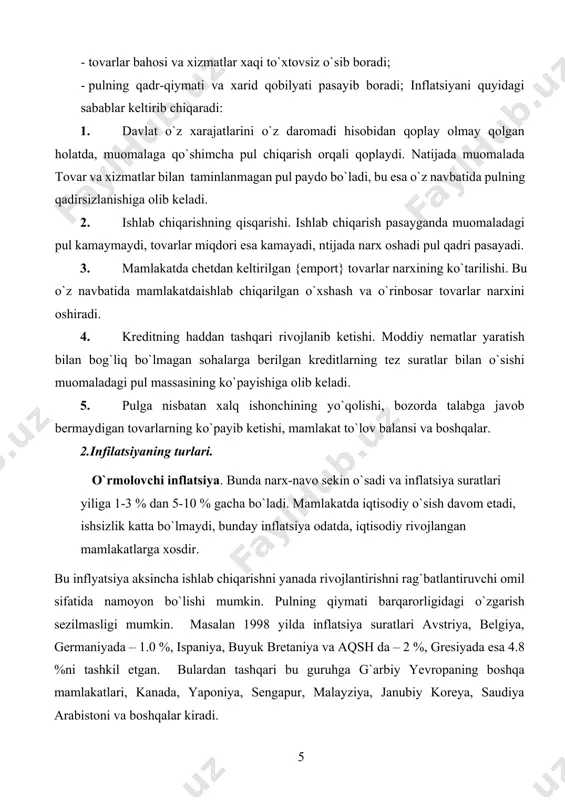 ini oshiradi. 4. kreditning haddan tashqari rivojlanib ketishi. moddiy nematlar yaratish bilan bog`liq bo`lmagan sohalarga berilgan kreditlarning tez suratlar bilan o`sishi muomaladagi pul massasining ko`payishiga olib keladi. 5. pulga nisbatan xalq ishonchining yo`qolishi, bozorda talabga javob bermaydigan tovarlarning ko`payib ketishi, mamlakat to`lov balansi va boshqalar. 2.infilatsiyaning turlari. o`rmolovchi inflatsiya. bunda narx-navo sekin o`sadi va inflatsiya suratlari yiliga 1-3 % dan 5-10 % gacha bo`ladi. mamlakatda iqtisodiy o`sish davom etadi, ishsizlik katta bo`lmaydi, bunday inflatsiya odatda, iqtisodiy rivojlangan mamlakatlarga xosdir. bu inflyatsiya aksincha ishlab chiqarishni yanada rivojlantirishni rag`batlantiruvchi omil sifatida namoyon bo`lishi mumkin. pulning qiymati barqarorligidagi o`zgarish sеzilmasligi mumkin. masalan 1998 yilda inflatsiya suratlari avstriya, belgiya, germaniyada – 1.0 %, ispaniya, buyuk bretaniya va aqsh da – 2 %, gresiyada esa 4.8 %ni tashkil etgan. bulardan tashqari bu guruhga g`arbiy yevropaning boshqa mamlakatlari, kanada, yaponiya, sengapur, malayziya, janubiy koreya, saudiya arabistoni va boshqalar kiradi. suzib yuruvchi inflatsiya . bunda yillik inflatsiya …
