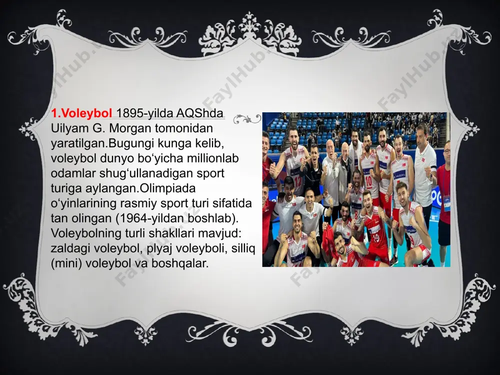 . tahlil va baholash: o‘yinchilar bilan muhokama. samaradorlikni oshirish yo‘llari mashg‘ulotlardan eng yuqori natijani olish uchun: yuklama nazorati: sportchilarning jismoniy imkoniyatiga qarab yuklama berish. feedback (aloqa): murabbiy o‘yinchilarga doimiy fikr bildiradi, maslahat beradi. tahliliy videoqaytish: o‘yin yoki mashg‘ulot jarayonini yozib, xatolarni birgalikda ko‘rib chiqish. o‘z-o‘zini baholash: sportchi o‘z harakatini tahlil qiladi va o‘zi xulosa chiqaradi. xulosa voleybol mashg‘ulotlarini samarali tashkil etish – bu nafaqat sport metodikasining, balki pedagogika, fiziologiya, psixologiya va didaktika fanlarining uzviy integratsiyasiga asoslangan jarayondir. shuningdek, voleybol o‘yinining o‘ziga xos jihatlari – tezkorlik, harakatning uzluksizligi, rejalashtirilmagan holatlarga tez moslashish, jamoaviylik – murabbiydan yuqori darajadagi tashkiliy, tahliliy va psixologik tayyorgarlikni talab qiladi. e`tiboringiz uchun raxmat !!! e’tiboringiz uchun raxmat !!!