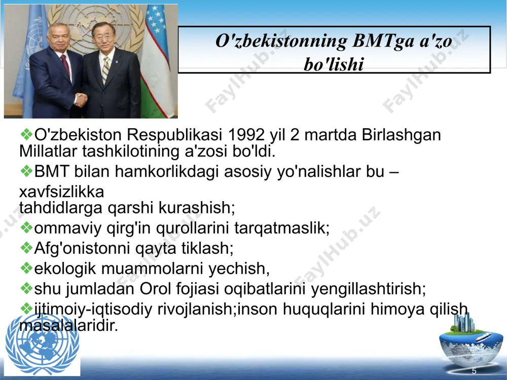 oblanadiganstatutasosidaish olibboradi. xalqarosudigaagashahrida joylashgan o'zbekistonning yunesko bilan hamkorlik aloqalari "biz yunesko timsolidaengmuhiminsonparvarlik masalalariningechimigaijodiyyondashishdaharakatlantiruvchi kuchbo'libxizmatqiladigano'zigaxosbetakrortashkilotni ko'ramiz” islomkarimov 16 o'zbekiston1993 yil26 oktabrdayunesko bilan diplomatikaloqalaro'rnatdivashukungaqadaruning tadbirlaridafaolishtiroketibkelmoqda. 1995 yilyuneskoning"ipakyo'li–muloqotyo'li" dasturi doirasidasamarqanddamintaqamiztsivilizasiyalari tarixinio'rganadiganmarkaziyosiyotadqiqotlariinstituti ochildi. o'zbekistonning yunesko bilan hamkorlik aloqalari o'zbekistonningxalqaroaloqalardan, shujumladan, yunesko bilando'stonahamkorlikdanasosiy maqsadi–mamlakatimizni, boy tariximizni, xalqimiznima'naviyyuksakliginivaengmuhimi, mustaqiltashqisiyosatimiznidunyoga, xalqaro jamoatchilikkadunyohamjamiyatigako'rsata olishdir. 17 o'zbekistonning yunesko bilan hamkorlik aloqalari mamlakatimizdaamir temur, mirzoulug'bek, muhammad ismoilal-buxoriy, axmadal-farg'oniy, burxoniddinmarg'inoniy, imomabu mansur moturudiykabibuyukbobokalonlarimizning, buxoro, xiva, termiz, shahrisabz, qarshi, samarqand, marg'ilon, toshkent shaharlarining, "alpomish" dostoni, "avesto" va"xorazmma'mun akademiyasningyubileylariyunesko ishtirokida nishonlangan 18 19 i.karimovbmt bosh assambleyasining1995 yil22-24- oktyabrda bo'lganyubileysessiyasidanutqso'zladi. u nufuzli xalqarotashkilotfaoliyatiniyaxshilashgadoirtakliflarnibayonetdi. umumjahonxavfsizligimintaqaviyxavfsizlikkaerishishdan boshlanadiganjarayonekanligi, mintaqalarxavfsizliginita'minlash yo'libilanginajahonxavfsizliginita'minlashmumkinligialohida ta'kidlandi. afg'onistondagiurushgabarhamberishuchununga tashqikuchlarningaralashuvinibartarafetish, qurololibkirishni ta'qiqlashtakliflariilgarisurildi. ommaviyqirg'inqurollarini tarqatmaslik, qurolsavdosinicheklashto'g'risida, oroldengizining quribborishibilanbog'liqekologikmuammonihaletishgahalqaro moliyatuz
