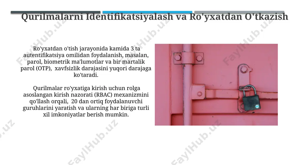 ng va baholash ot xavfsizlik komponentlarining ishlash samaradorligini baholashda kamida 5 ta kalit ko'rsatkich (kpi) va ularning o'rtacha qiymatlari 85% dan yuqori bo'lishi maqsadga muvofiqdir. xavfsizlik holatini baholash uchun algoritmlar, tahdidlarni aniqlash darajasi 90% dan yuqori bo'lishi va kamida 24 soat davomida to'plangan ma'lumotlarga asoslanishi shart. xavfsizlik tekshiruvini o'tkazish xavfsizlik tekshiruvi jarayonida kamida 100 ta zaif tomonlarni aniqlash va ularni bartaraf etish bo'yicha tavsiyalar berish kerak, bu esa tizimning umumiy xavfsizlik darajasini sezilarli darajada yaxshilaydi. xavfsizlik tekshiruvini o'tkazishda kamida 3 ta asosiy komponent – firewall, antivirus va intrusion detection system (ids) ning to'g'ri konfiguratsiyasi muhim ahamiyatga ega bo'lib, ularning samarali ishlashi tizim xavfsizligini 90% ga oshiradi. tarmoq arxitekturasini baholash tarmoq arxitekturasini baholashda kamida 3 ta muhim ko'rsatkich – ishlash tezligi (masalan, 10 gbps dan yuqori), xavfsizlik darajasi (aes-256 shifrlash kabi) va uzluksizlik vaqti (99,99% dan yuqori) tahlil qilinishi kerak. qo'llaniladigan protokollar (tcp/ip, udp), ulanish usullari (simsiz, simli) va qurilmalarning soni …