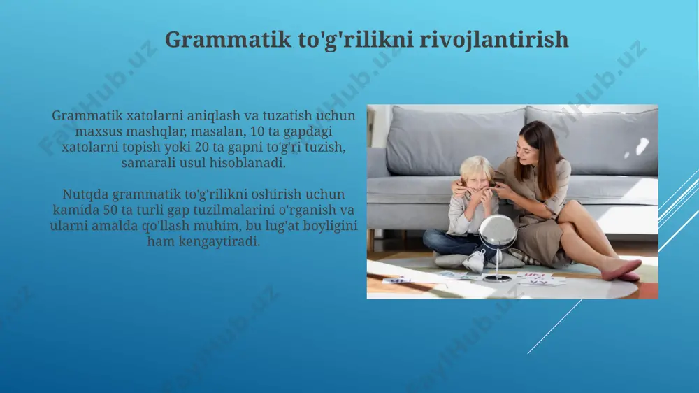 ruh darslari o'zaro muloqot ko'nikmalarini rivojlantiradi. nutqni boyitishning zamonaviy texnologiyalari zamonaviy nutqni tahlil qilish texnologiyalari yordamida 90% gacha aniqlik bilan talaffuzdagi kamchiliklarni aniqlash va ularni tuzatish bo'yicha tavsiyalar berish mumkin. nutqni boyitishda sun'iy intellekt yordamida ishlab chiqilgan 50 dan ortiq turli xil dasturlar mavjud bo'lib, ular fonetika, leksika va grammatikaga oid mashqlarni taklif etadi. sinonim va antonimlarni o'rganish sinonimlar va antonimlarni o'rganish lug'at boyligini 20-30% ga oshirishi mumkin, bu nutqning aniqligi va ifodaliyligini yaxshilaydi. sinonimlarni kontekstga mos ravishda tanlash, so'z boyligini 15% ga oshirish bilan birga, nutqning nozik nuanslarini ifodalash imkoniyatini beradi. idiomalar va frazeologizmlarni o'zlashtirish frazeologizmlarni ma'no va kontekstini chuqur tushunish orqali, kamida 3 ta sinonimik qatorlarni taqqoslash orqali ularning qo'llanilishini aniqlash mumkin. nutqni boyitish uchun 20 ta eng ko'p ishlatiladigan frazeologizm va idiomatik iboralarni o'rganib, ularni turli vaziyatlarda qo'llashni mashq qilish kerak. nafas olish mashqlari нафас олиш машқларининг 3-5 дақиқа давомида бажарилиши, диафрагма нафасини ривожлантиришга ёрдам бериб, овознинг …