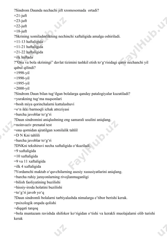 ishi sustlashgan bolalarga ?aqli zaiflik sabablarini aniqlang. +jarohat, homilaning to‘liq rivojlanmaganligi turli xil kasalliklar =homilaning to‘liq rivojlanmaganligi =kasallik =barchasi to‘g‘ri javob ?“butun jahon daun sindromi kuni”ni aniqlang. +21-mart =21-may =1-iyun =17-mart ?tibbiy -pedagogik realibitatsiya bu ……… +tibbiyot xodimlari tomonidan kamchiliklarni tiklash =defektologlar, pedagoglar tomonidan kamchikiklarni tiklash =psixologik rivojlarishdagi nuqsonlarni oldini olish =ijtimoiy moslashuv ?qaysi uslubiyat bilan aqli zaif bolalarning ko‘rgazma, harakat, tafakkurini tekshirish mumkin. +segen doskasi =syujetli rasmlar =syujetli rasmlar =klinets ?aqli zaif bolalarda nutq kamchiliklari kelib chiqish sabablarini ko‘rsating. +artikulyasion apparat funksiyasining buzilishi =ko‘ruv analizatori funksiyasining buzilishi =bosh miya funksiyasining sust rivojlanishi natijasida barcha yoki alohida analizatorlarga salbiy ta’siri =eshitish analizatori funksiyasining buzilishi ?miya suyuqligi bu ……. +likvor =leykosit =oq modda =eritrosit ?reabilitatsiya nima. +sog‘lomlashtirish =moslashish =muvozanat =yetishmovchilik ?harakat tayanch a’zolari nechiga bo‘linadi +2ga =3ga =4ga =5ga ?bolalar miya falaji bu ……………. +markaziy nerv sistemasining organik jarohatlanishi =nerv xujayralarining yetarli darajada rivojlanmasligi =meningit va meningoensefalit =muskul va mushaklarning yaxshi …