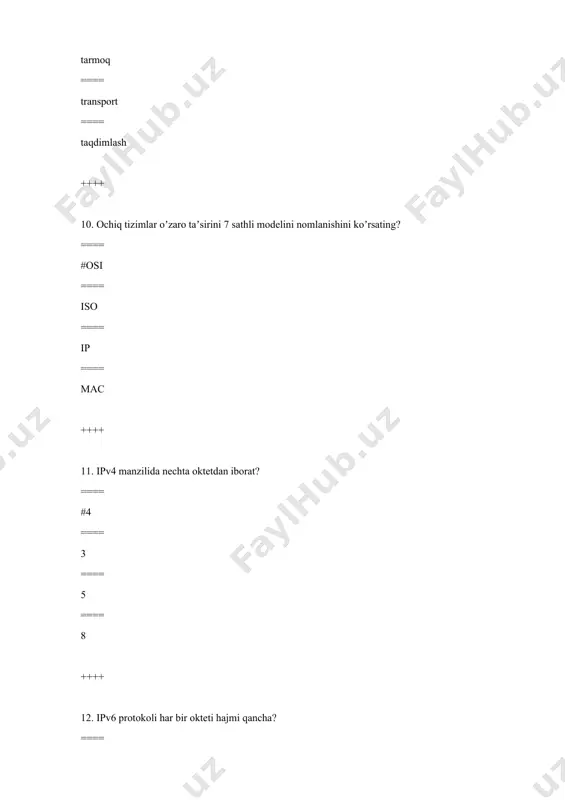 taqdimot ==== tarmoq ==== amaliy ==== seans ++++ 51. ochiq tizimlar munosabati osi modeli qaysi tashkilotda ishlab chiqilgan? ==== #standartlashtirish xalqaro tashkiloti ==== elektroaloqa xalqaro ittifoqi ==== telefoniya va telegrafiya bo'yicha xalqaro maslahat komiteti ==== kompyuter ishlab chiqaruvchilar yevropa assotsiatsiyasi ++++ 52. qaysi protokol servis protokollari va transport protokollari orasida zamonaviy kriptografiya yordamida ma'lumotlar himoyasini ta'minlaydi? ==== #ssl ==== ppp ==== set ==== ipsec ++++ 53. axborot xavfsizligi tushunchasi o'z ichiga qaysi uch tashkil etuvchilarni oladi? ==== #konfidensiallik, foydalanuvchanlik, butunlilik ==== foydalanuvchanlik, ishonchlilik, butunlilik ==== konfidensiallik, ishonchlilik, butunlilik ==== foydalanuvchanlik, saqlanishlik, butunlilik ++++ 54. mijoz so'ralgan serverga so'rov yuborib, ma'lumotni so'rab oladi, u so'rovga javoban mijoz qabul qilgan faylni yuboradi. bu jarayon qaysi modelga xos? ==== #mijoz-server ==== peer-to-peer ==== mvc ==== 4 mitm ++++ 55. har bir so'nggi qurilma (peer) server yoki mijoz sifatida ishlashi mumkin. kompyuter bitta ulanish uchun server, boshqasi uchun mijoz vazifasini bajarishi mumkin. bu qaysi …