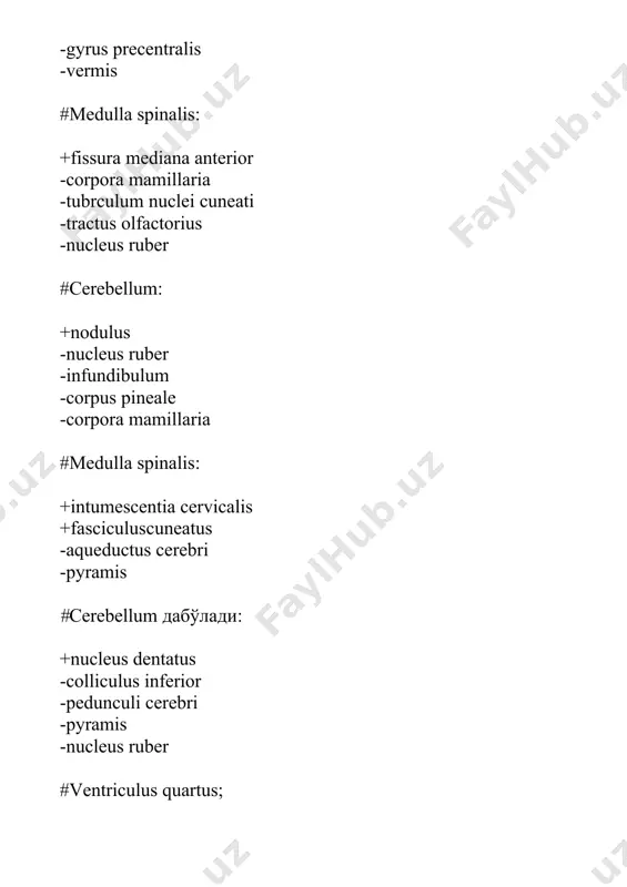 atus -claustrum -infundibulum -corpus pineale #mesencephalon да бўлади : +nucleusaccessorius -nucleusdentatus -trigonumnervihypoglossy - infundibulum -corpus pineale #prosencephalon дабўлади: +diencephalon -hemispheria cerebelli -mesencephalon -ventriculus quartus -tubrculum nuclei cuneati #ядра n. facialis: nfacialisнингузаклари: +nucleus motorius +nucleus salivatorius superior +nucleus solitarius -nucleus ambiguus -n. palatopharyngeus -nucleus salivatorius inferior #prosencephalon дабўлади: +telencephalon -hemispheria cerebelli -mesencephalon -ventriculus quartus -tubrculum nuclei cuneati #гденаходятсянейроны tr. corticospinalis-нингнейронларикаердажойлашган? +girus precentralis,cornu anterius medullae spinalis -girus postcentralis,cornu posterius medullae spinalis -lobus frontalis,medulla spinalis -girus frontalis superior,cornu anterius medullae spinalis -nucleus dentatus cerebelli #mesencephalon дабўлади: +colliculi inferiores +aqueductus cerebri -infundibulum -corpus pineale #n. mandibularis: +n. massetericus +n. pterygoideus lateralis +n.tensoris veli palatini +n. pterygoideus medialis +n. mylohyoideus -n. olfactorius -n. hypoglossus -n. frontalis. -sulcus a . subclavia. -margo medialis #rhombencepholon +myelencephalon +metencepholon -mesencepholon -diencepholon #rhombencepholon +myelencephalon +metencepholon -prosencepholon -mesencepholon #оболочкиглазногояблока.кўзолмасинингпардалари. +chorioidea -tunica serosa -tunica muscularis -tunica mucosa -pupilla #нейроны болевой и температурной чувствительности. огрик ва харорат утказув йулларининг нейронлари. +nucleus lateralis thalami …