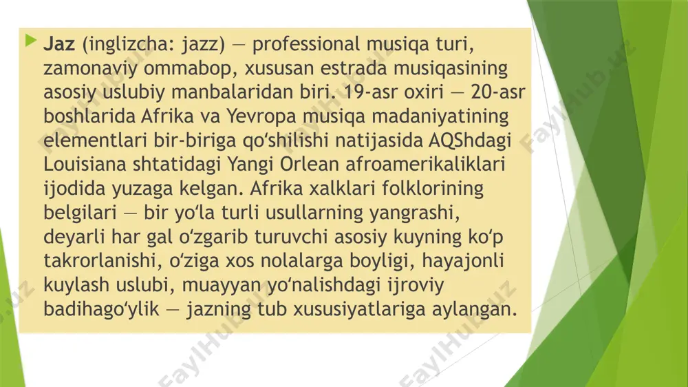1963-yilda oʻzteleradio qoshida estradasimfonik orkestrlarning tarkib topishi jaz rivoji uchun turtki boʻlgan. bunda ayniqsa a. kroll, a. malaxov, ye. jivayev kabi dirijyorlarning qoʻshgan hissasi salmoqli boʻlgan. „namanganning olmasi“ (sh. ramazonov), „qiz bola“ (e. solihov) qoʻshiqlarining j. uslubida qayta ishlangan variantlari, a. malaxovning oʻzbek ohang va usullaridan foydalnib yozilgan „yulduz doirasi“, „qora koʻzlar“ orkestr asarlari milliy jaz musiqasining ilk namunalaridandir. jaz musiqasi keyingi davrda ham taraqqiy etdi. 1968-yilda toshkentda 1-jaz musiqasi festivali boʻlib oʻtdi; 1977, 1978, 1984-yillari fargʻonada jaz musiqasi xalqaro festivallari oʻtazilgan; mazkur shaharlarda jaz klublari, buxoro, navoiy va boshqa shaharlarda jaz guruhlari tashkil topgan. bulardan e. qalandarov, s. gilyov („inter“), l. otabekov („sato“), b. smetanov („raduga“), g. kapriyelov („osiyo“) rahbarligidagi guruxlar xalqaro jaz festivali va estrada tanlovlarida sovrinli urinlarga ega boʻldilar. hozirda jaz musiqasi ijrochilaridan „oʻzbeknavo“ qoshidagi b. zokirov nomidagi estrada orkestri (y. jivayev), toshkent davlat konservatoriyasining big bendi (jaz orkestri) (b. murtazayev), g. bugdanov, a. xabirxanov rahbarligidagi guruxlar …