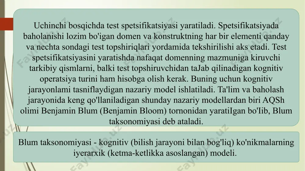 rda berilgan so'zlar, jumialar yoki gaplar berilgan so'roqqa javob bo'ladi. test topshing'ining to'g'ri javobi (kaliti) ikki xii bo'lishi mumkin': - yagona to'g'ri javob - bunda berilgan muqobil javoblardan faqat bittasi to'g'ri javob bo'iadi; - eng maqbul to'g'ri javob - bunda benlgan muqobil javoblardan btttasi eng maqbul to'g'ri javob bo'lib, qolgan muqobil javobjar qaysidir jihati bilan qo'yilgan savolga to'liq javob boola olmaydi. muqobul javobli test topshiriqlanni tuzishda quyidagi qoidalar va tavsiyalarga rioya qilmoq lozim: 1. har bir test topshirig'i test spetsifikatsiyasiga muvofiq o'lchanayotgan domenning (konstruktning) konkret bir elernentini baholash maqsadida tuzilishi lozim i. ya'rri har bir test topshirig'ining maqsadi - domennmg (konstruktning) qaysi elementini tekshirishga qaratilganligi aniq bo'lishi, shu bilan birga, bitta test topshirigi orqali konstruktning bir nechta elementini qamrab olishga harakat qilinmasligi kerak. 2. har bir test topshirig"i baholanayotgan domen uchun muhim bo'lgan bilimga asoslanishi lozim, ya'rri test topshirig'i muhim bo'lmagan, mayda-chuyda detallarga asoslanmasligi kerak'. shu bilan birga, test topshirig'i …