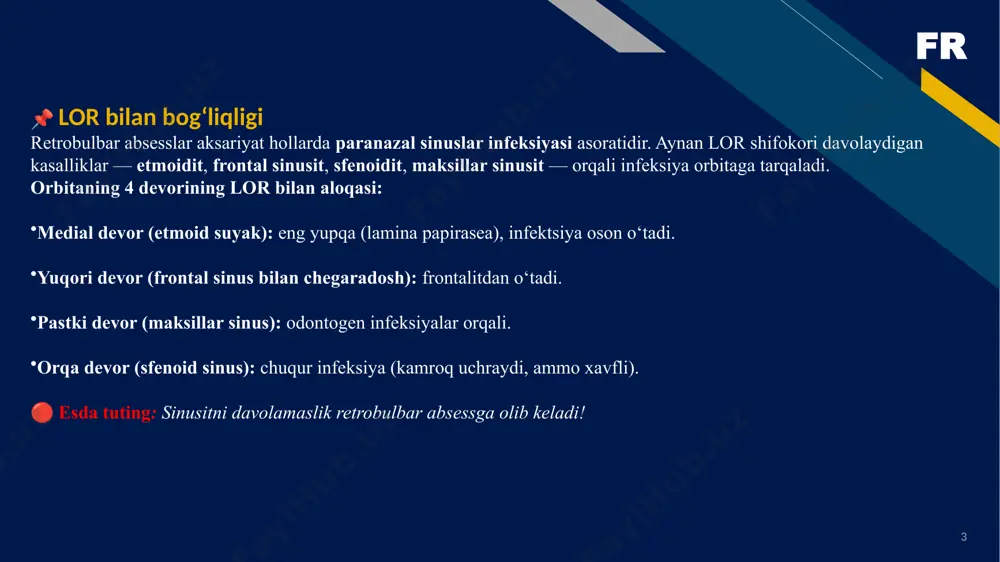 inusit holatlari qayd etiladi, ulardan 1 000 dan ortig‘i orbital asoratlar bilan kechadi. fr 12 sabab foizi etmoidit (etmoid sinus yallig‘lanishi) 60–70% frontal sinusit 15–20% maksillar sinusit 10–15% travmatik sabablari (ko‘z sohasiga urilish) 5% dan kam tish ildizi infektsiyasi (odontogen) 3–5% gematogen (qon orqali) tarqalish kam hollarda 🧬 rivojlanish sabablari qayta ko‘rib chiqiladi fr 13 🛡️ profilaktika sinusit va lor kasalliklarini erta aniqlab, to‘liq davolash. allergik rinit, burun deformatsiyalarini bartaraf etish. bolalarda burun to‘siqlarining patologiyasini erta tuzatish. o‘rinli va vaqtida antibiotiklar qo‘llash. fr 14 xulosa retrobulbar absess — ko‘rish hayotiga xavfli holat. lor sohasining bu kasallikdagi roli juda muhim. erta tashxis va to‘g‘ri davolash — kalit omil. barcha sinusitlar jiddiy qabul qilinishi lozim. fr e’tiboringiz uchun rahmat! image1.jpeg image2.png image3.jpeg image4.jpeg image5.jpeg image6.jpeg image7.jpeg image8.jpeg image9.png