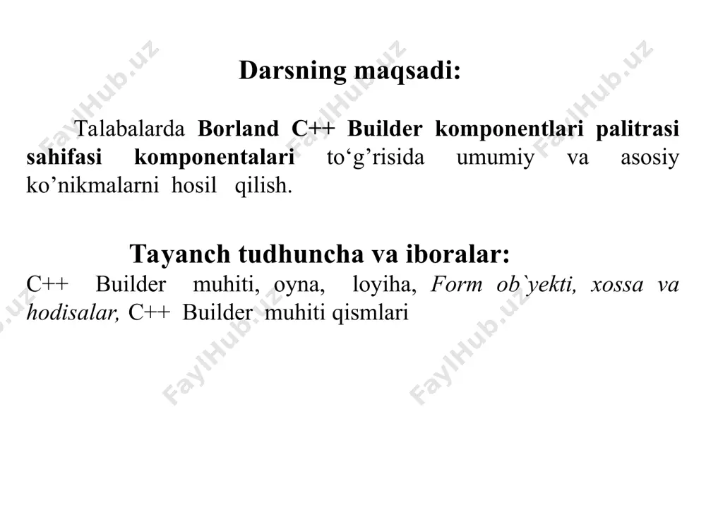 lumotlar bilan bog`lanish), data controls (ma`lumotlarni boshqarish), dbexpress va boshqalar kiradi. form ob`yektining xossa va hodisalari formaga bitta misol ko`rib chiqamiz. masalan, oynaning sarlavhasida - birinchi oynam!, ekranning o`rtasidan, oq rangli, balandligi 250, uzunligi 250 o`lchamda, yaratilganda - oyna yaratildi!, yopilganda - oyna yopiladi!, sichqoncha bir marta bosilsa, - sichqoncha bosildi!, sichqoncha ikki marta bosilsa, -sichqoncha ikki marta bosildi! degan muloqot oynalarini chiqaruvchi oyna yaratishni olamiz. c++ builder dasturi ishga tushirilgan va bir loyiha tayorlangan bo`lsa, uni xotiraga olib (save all), so`ng barcha loyihalarni yopamiz (close all). yangi loyiha yaratamiz (file -> new application). 1. forma sarlavhasida yozish uchun object inspector oynasidan properties bo‘limiga o‘tib, caption - birinchi oynam matnini yozamiz; 2. position ga o‘tib, uni poscreencenter ga tenglashtiramiz; 3. color ni oq rang qilib (clwindow) tanlaymiz; 4. height ning qiymatiga 250,width ning qiymatiga 250 ni kiritamiz; 5. object inspector oynasidan events bo`limiga o‘tib, oncreate o‘ng tomoniga ikki marta sichqonchani …