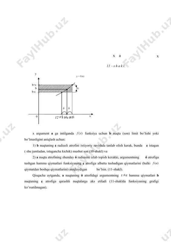ifiga asosan: 2. funksiya limitining koshi ta’rifi (ya’ni “( – δ” ta’rifidan foydalanib) asosida ekanligini ko’rsating. limitlarni hisoblash yo’llari. funksiyaning limiti uning argumentining intilgan sonida aniqlangan bo’lishiga bog’liq emas. amalda esa funksiya limitini topishda bu munosabat katta ahamiyatga ega. i. agar berilgan funksiya elementar bo’lib, х intilgan son uning aniqlanish sohasiga tegishli bo’lsa, u holda funksiyaning limiti ning х intilgan son qiymatidagi xususiy qiymatiga teng bo’ladi, ya’ni . 1 – m i s o l . , chunki elementar funksiya bo’lib, argument intilgan son uning aniqlanish sohasiga kirganligi uchun uning limiti funksiyaning argumenti intilgan son qiymatidagi хususiy qiymatiga teng. agar funksiyada argument ga yoki uning aniqlanish sohasiga tegishli bo’lmagan songa intilsa, bu holda funksiya limitini topishda alohida tekshirish olib borish kerak bo’ladi. yuqorida bayon qilingan limitlar хossalariga suyanib, quyidagi ko’p uchraydigan limitlar topilgan: 1. 3. 2. 4. 5. 8. 6. 9. 7. 10. bu oddiy limitlardan formula tariqasida foydalanish mumkin, …