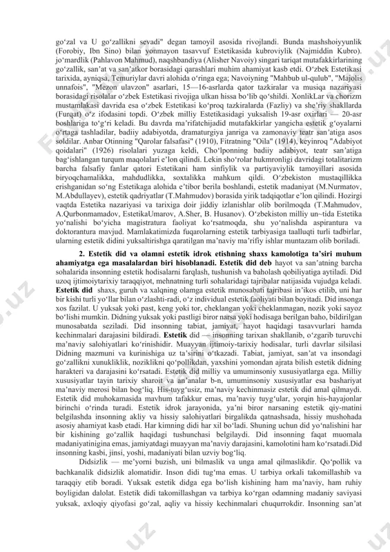 oki bu tamoyili ustuvor yo‘nalish sifatida ko‘zga tashlanadi. ayniqsa, iqtisodiyot va bozor munosabatlarida go‘zallikni qiymat kasb etuvchi mexanizmga aylanishi tamoyili sohaga estetik tamoyillar kirib kelayotganligini ko‘rsatadi. “falsafa. qomusiy lug‘ati”da “prinsip” tushunchasining ma’nosi “turli ahamiyatga ega bo‘lgan faktlar va bilimlar majmuining asosi, poydevori; har qanday xatti-harakat, xulq-atvor va faoliyatning boshlang‘ich qoidalari” deb izohlangan. ushbu izoh estetika fanining prinsiplariga xos mazmunni ham anglatadi. odatda, estetikaning quyidagi an’anaviy prinsiplari mavjud. bular: 1.uyg‘unlik (garmoniya) tamoyili; 2.yaxlitlik (butunlik) prinsipi; 3.ifodalilik (obrazlilik) prinsipi; 4.maqsadga muvofiqlik prinsipi. ushbu prinsiplar orasida estetik munosabatlarda ko‘proq ko‘zga tashlanadigan uyg‘unlik va maqsadga muvofiqlikning mohiyati haqida quyidagi fikrlarni aytish mumkin. “estetika” iborasini ilmiy muomalaga kiritilganiga ham uch yarim asrdan ortiq vaqt o‘tdi. bu vaqt oralig‘ida estetika dunyo faniga aylandi, jahonda bu fanni rivojlantirish, uning ilmiy-nazariy muammolarini o‘rganishga qaratilgan yirik tadqiqotlar amalga oshirildi. ayniqsa, mamlakatimizda estetika ilmi, ta’limi va tarbiyasini rivojlantirish, estetik dunyoqarashni boyitish masalalari doimiy e’tiborda bo‘lib keldi. estetika tarixining ibtidosi somir …