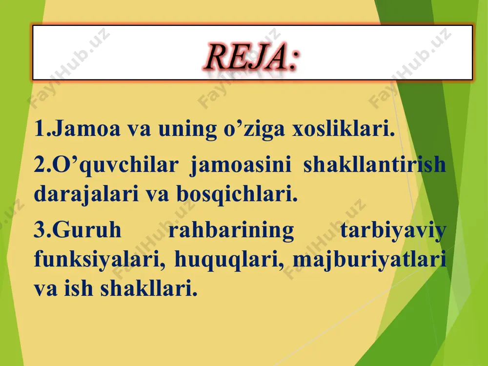 abablarini izlash; 3) o’quvchilar bilan birgalikda tarbiyaviy faoliyatga doir maqsadlarni aniqlashtirish, guruh rahbarining burchi o’quvchilarning yoshi va guruh jamoasining shakllanganlik darajasini hisobga olish; 4) o’z-o’zining va guruh jamoasi faoliyatini oqilona tashkil etishga yordam berish, pedagogik faoliyatning ketma-ketligini belgilash, pedagogik jarayonning ketma-ketligi, izchilligi, tizimliligini ta’minlash; 5) tarbiyalanuvchilarning jismoniy, aqliy va ma’naviy-axloqiy jihatdan to’g’ri rivojlanishi uchun shart-sharoit yaratish, ularning ijtimoiy-iqtisodiy vaziyatga muvaffaqiyatli moslashuvini ta’minlash. topshiriq. quyida keltirilgan muammoli pedagogik masalalar bilan tanishing va ularning yechimini toping 1-masala. guruhni bir necha yil davomida saylangan qat’iy faollar boshqarib, boshqa a’zolar ularga bo’ysunib kelishdi. keyinchalik esa, ular bu holatga qarshi chiqa boshlashdi. yangi guruh rahbari avvalgi o’qituvchining xatosini to’g’rilash maqsadida qat’iy chora ko’rdi. guruhda qat’iy saylov o’tkazilib, avvalgi faollar o’rniga o’quvchilar orasidan yangi faollar saylandi. lekin oradan bir oz vaqt o’tib, saylov o’zini oqlamaganligini ko’rsatdi. yangi saylangan faollarning bir qismi o’z vazifalarini bajarishdan bosh tortishsa, ikkinchi qismi kuch bilan tartib o’rnatishga harakat qilishdi. guruhda yangi …