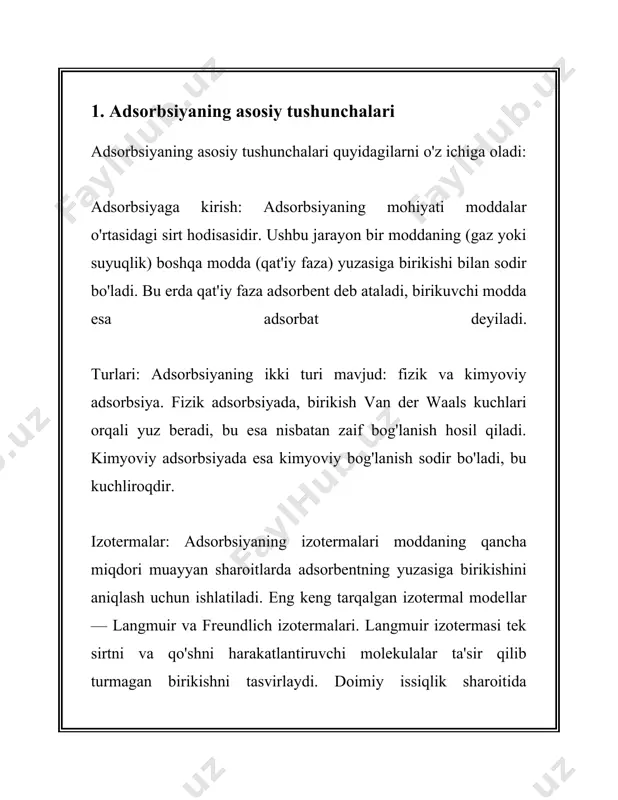 mkin. 2. adsorbsiya va desorbsiya jarayonlari adsorbsiya va desorbsiya jarayonlari kimyo va yuzalar fizikasining muhim elementlari hisoblanadi. adsorbsiya – bu moddaning (adsorbat) qattiq yoki suyuq yuzada (adsorbent) to'planish jarayonidir. desorbsiya esa, aksincha, adsorbent yuzasidagi adsorbat moddasining ajralib chiqishi jarayonidir. ushbu jarayonlar ko'p hollarda o'zgaruvchan fizika-kimyo sharoitlarda yuz beradi va ular turli amaliy ilovalarda, masalan, katalizatorlar, suvni tozalash, gazlarni ajratish va biotexnologiya sohalarida keng qo'llaniladi. adsorbsiya jarayoni ikki xil usul bilan o'tishi mumkin: fizika adsorbsiya va kimyoviy adsorbsiya (xemisorbsiy). fizika adsorbsiya odatda van der vaals kuchlari ta'sirida yuzaga keladi va u nisbatan zaif bog'lanishdir, shuning uchun bu jarayon haddan ortiq past temperaturada va yuqori bosimda samarali amal qilishi mumkin. kimyoviy adsorbsiya esa, adsorbat va adsorbent o'rtasida kimyoviy bog'lar hosil bo'lishi bilan xarakterlanadi, bu jarayon nisbatan yuqori energiyaga ega va odatda katalizatorlarning ishlashida muhimdir. adsorbsiya jarayonida muhim o'lchamlardan biri bu adsorbsiyaning izoterma tenglamasidir, qaysi adsorbsiya sig'imi va bosim yoki konsentratsiya o'rtasidagi bog'liqlikni …