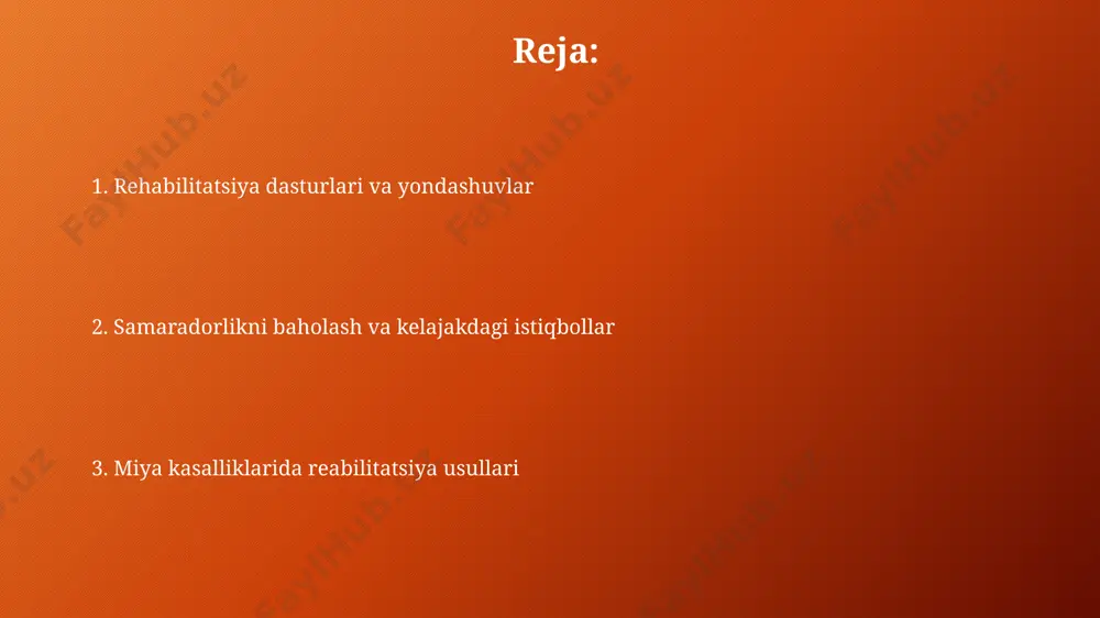 ilitatsiyadan soʻng, miya shishi bilan kasallangan bemorlarda harakatlanish mustaqilligini 40% ga oshirishi mumkin. zamonaviy texnologiyalar va reabilitatsiya miyani stimulyatsiya qiluvchi transkranial magnit stimulyatsiyasi (tsms) texnologiyasi 20 dan ortiq klinik tadqiqotlarda kognitiv funksiyalarni yaxshilashda samarali ekanligini isbotladi. virtual reality (vr) terapiyasi miya shikastlanishiga uchragan bemorlarda 30% ga yaqin harakatlanish funksiyasini tiklashga yordam beradi, bu esa an'anaviy usullarga nisbatan samaradorligini oshiradi. kognitiv reabilitatsiya o'quv terapiyasi va kompyuterlashtirilgan kognitiv mashqlar, kognitiv reabilitatsiya dasturi doirasida kamida 6 oy davomida qo'llanib, miyada neyroplastik jarayonlarni faollashtiradi. kognitiv reabilitatsiya, xotira va e'tibor yetishmovchiligini davolashda 30% ga yaqin samaradorlik ko'rsatkichiga ega bo'lib, individual yondashuvni talab qiladi. psixologik qo'llab-quvvatlash va psixoterapiya psixososial reabilitatsiya, oila a'zolari bilan 5-7 ta qo'llab-quvvatlash guruhlari orqali ijtimoiy moslashuvni yaxshilashga yordam beradi, bu esa kasallikdan keyingi hayot sifatini oshiradi. psixologik qo'llab-quvvatlash bemorlarda 30% gacha bo'lgan depressiya va xavotir holatlarini kamaytirishga yordam beradi, bu esa reabilitatsiya jarayonining samaradorligini oshiradi. sensorli stimulyatsiya va sezgilarni rivojlantirish sensorli integratsiya …