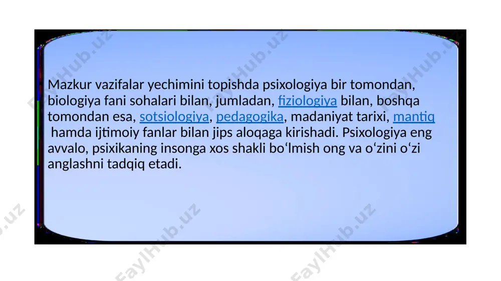 tetda fan sifatida oʻqitila boshlandi. 1929-yil xalq maorifi komissarligi qoshida psixologiya laboratoriyasi ochildi. keyinchalik pedagogika institutlarida psixologiyaning bir necha sohalari boʻyicha talabalarga bilim berila boshlandi. xx asrning 2-yarmida m. vohidov, m. davletshin singari mahalliy kadrlar yetishib chiqdi. hozirgi davrda psixologiya fanlari doktorlari v. tokareva, e. gʻoziyev, b. qodirov, gʻ. shoumarov, r. gaynutdinov, v. karimova, sh. barotov, a. jabborov, r. sunnatovalar psixologiyaning umumiy psixologiya, pedagogik va yosh psixologiyasi, ijtimoiy psixologiya sohalari boʻyicha tadqiqot ishlarini amalga oshirmoqdalar. psixolog mutaxassislar tayyorlash va tadqiqot ishlari oʻzbekiston milliy universiteti, samdu, fargʻona universiteti, qarshi universiteti, termiz universiteti bazalarida yoʻlga qoʻyilgan. oʻzbekistonda psixologik xizmat joriy qilingan va uning tarmogʻi tobora kengayib bormoqda. psixolog mutaxassislar tayyorlash va tadqiqot ishlari oʻzbekiston milliy universiteti, samdu, fargʻona universiteti, qarshi universiteti, termiz universiteti bazalarida yoʻlga qoʻyilgan. oʻzbekistonda psixologik xizmat joriy qilingan va uning tarmogʻi tobora kengayib bormoqda. psixologiyada biologiyaning oʻrni psixologlar odatda organizmni ongning asosi deb hisoblashadi, shuning uchun ham hayotiy muhim …