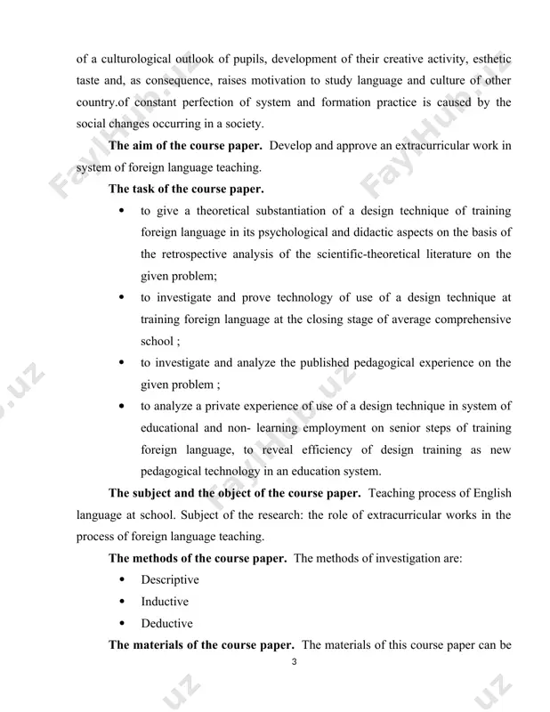 ficiency of design training as new pedagogical technology in an education system. the subject and the object of the course paper. teaching process of english language at school. subject of the research: the role of extracurricular works in the process of foreign language teaching. the methods of the course paper. the methods of investigation are: · descriptive · inductive · deductive the materials of the course paper. the materials of this course paper can be used in the process of pedagogical activity. theoretical value. practical value. participating in extracurricular activities builds teamwork, communication, relationships, and a sense of belonging, all of which help students to develop socially and be successful in school. participation in extracurricular activities demonstrates the importance of community involvement. the structure of the course paper. the course paper consists of introduction, chapter 1, chapter 2, conclusion and bibliography. in the first chapter the role of extracurricular works …