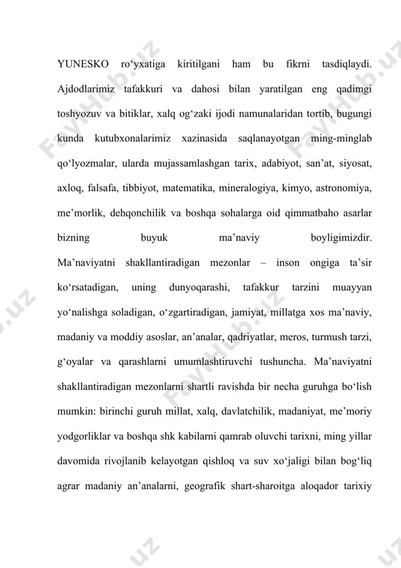 uni namuna qilib ko‘rsatishda foydalanadi. bunday noyob va bebaho boylikni har tomonlama chuqur o‘rganish, uning ma’no-mazmunini avlodlarga yetkazish masalasi barcha, birinchi galda, ziyolilar, butun jamoatchilik uchun ham qarz, ham farz hisoblanadi. har qaysi xonadon, butun el-yurtdagi ma’naviy iqlim va vaziyatni anglamoqchi bo‘lgan kishi, bu boradagi haqiqiy manzaraning yorqin ifodasini avvalo mahalla hayotida xuddi oynadek yaqqol ko‘rish imkoniga ega bo‘ladi. ma’naviyatni shakllantiradigan mezonlardan yana biri ilmu ma’rifat, ta’lim-tarbiya bo‘lib, ularga inson kamoloti va millat ravnaqining eng asosiy sharti va garovi sifatida qaralgan. har qaysi millatning o’ziga xos ma’naviyatini shakllantirish va yuksaltirishda, hech shubhasiz, oilaning o’rni va ta’siri beqiyosdir. chunki insonning eng sof va pokiza tuyg‘ulari, ilk hayotiy tushuncha va tasavvurlari birinchi galda oila bag‘rida shakllanadi. bolaning xarakteri, tabiati va dunyoqarashini belgilaydigan ma’naviy mezon va qarashlar – yaxshilik va ezgulik, olijanoblik va mehr-oqibat, or-nomus va andisha kabi muqaddas tushunchalarning poydevori oila sharoitida qaror topishi tabiiydir. shuning uchun ham aynan oila muhitida paydo …