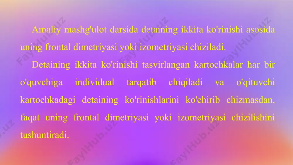 lishidan qat'i nazar, bunday chizmalarga detaining haqiqiy o'lchamlari qo'yiladi. ishni tezlatish maqsadida eskiz chizishda aylana va uning yoyini hamda aylanani teng bo'laklarga bo'lishni sirkulda bajarish mumkin. lekin keyinchalik aylana va uning yoyi ustidan qo'lda chizib chiqiladi. detal haqidagi barcha ma'lumotlar eskizga yoziladi. mukammal bo'lmagan, o'lchamlari tushib qolgan, chala bajarilgan eskiz detal yasash va ish chizmasini tuzish uchun yaroqsiz hisoblanadi. eskiz oldin qattiqroq qalamda, keyin ustidan yumshoq qalamda chizib chiqiladi. 32.1-chizmada eskizi chiziladigan detaining asli yaqqol tasvirda berilgan. uning eskizini chizish uchun: detalning asliga qarab u har tomonlama o'rganiladi; ichki va tashqi tuzilishi diqqat bilan ko'zdan kechiriladi. detalning bosh ko'rinishi va yana qancha ko'rinishda chizilishi belgilanadi. detaining bosh ko'rinishini shunday tanlash joizki, u detaining shakli haqida to'liq tasavvur bersin. 3. katak qog'ozga a4 format hoshiyasi, asosiy yozuv chiziladi va har bir ko'rinishning o'rni yordamchi chiziqlarda belgilanib, markaz va o'q chiziqlari chizib chiqiladi (32.2-chizma, a). 4. detaining ko'rinadigan konturi chizib chiqiladi va …