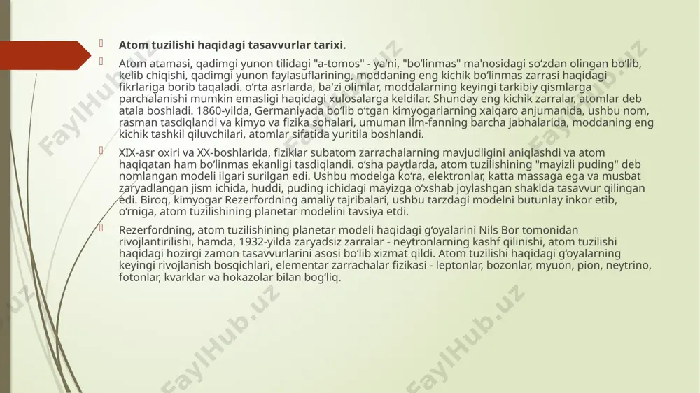 maydi. o‘z navbatida, protonlar va neytronlar, kvarklar deb ataluvchi elementar zarrachalardan iborat bo'ladi. hozirgi zamon fizikasida, kvarklar moddalarning eng kichik va elementar zarrachalari sifatida qaraladi. atomning o‘lchamlari, uning yadrosining o‘lchamlaridan bir necha barobar katta bo‘lib, agar atomni futbol maydoni o‘lchamlari kabi o‘lchamda tasavvur qilsak, unda, yadro, ushbu futbol maydoni qoq markaziga joylashtirilgan tennis koptogi singari o‘lchamda namoyon bo'ladi. tabiatda, o‘lchamlari, massasi va boshqa xossalariga ko‘ra farqlanuvchi ko‘p sonli atomlar mavjud. bir turdagi atomlarning jamlanmasi, kimyoviy element deb ataladi. hozirgi kunda, kimyoviy elementlarning 117 xili fanga ma'lum. ularning atomlari, massasi, o‘lchamlari va tuzilishiga ko‘ra o‘zaro farq qilishadi. atomlar ichidagi elektronlar. manfiy zaryadlangan elektronlar, yadro atrofida, o‘ziga xos bulut hosil qilgan tarzda harakatlanadi. massasi ancha katta bo'lgan yadro, elektronlarni o‘ziga tortib turadi, lekin, elektronlarning o‘z energiyasi, yadrodan ma'lum masofaga "qochib ketish"ga imkon beradi. shu tarzda, elektronning energiyasi qancha ko‘p bo‘lsa, u yadroda shunchalik uzoq masofada joylashadi. elektron energiyasining qiymati, u joylashgan energetik …
