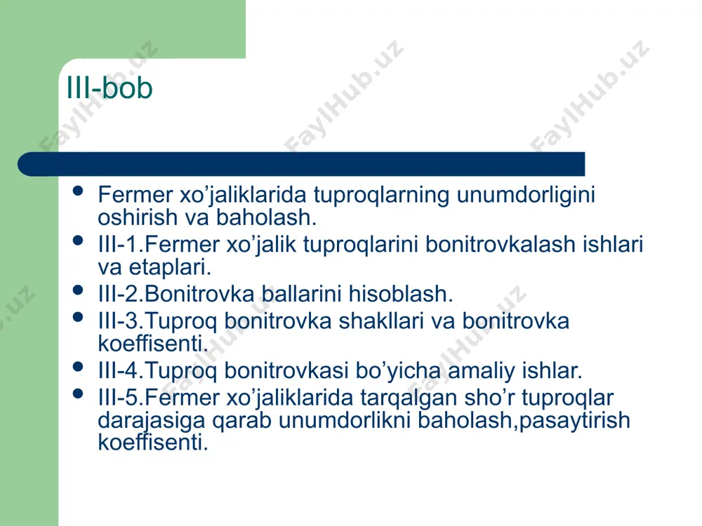 ahsulot olishga, tuproqlarda kechayotgan salbiy yoki ijobiy jarayonlarni nazorat qilishga xizmat qiladi va yerdan foydalanuvchilar faoliyatini nazorat qilish, zarur chora-tadbirlarni amalga oshirish imkonini yaratadi. quruq va o’rta qurur o’lkalarda jumladan, respublikamizda ham tuproq unumdorligini belgilovchi omillardan biri sug’orish muammosidir. suvning umumiy yetishmasligiga qaramasdan,ko’p joylarda sug’orish megerlari juda yuqori. bundan tashqari katta miqdordagi suv tuproq tarkibidagi gumus va oziq elementlarining yuvilib ketishiga sabab bo’ladi. shuning uchun sug’orish me’yorlari, davrlari har bir tuproq-iqlim mintaqasida qatiy ravishda tuproqlarning xossa va xususiyatlarini hisobga olgan holda amalga oshirilishi lozim. hosildor tuproq qayta tiklanadigan resurs hisoblanadi. gumus miqdori tuproqning hosildorligini belgilab beradi. insoniyatning ekologik bilimsiz faoliyati tufayli tuproq bir necha xildagi eroziyalarga: shamol va suv eroziyalariga uchraydi. yerning eroziyasi tezligi tuproqning tabiiy paydo bo’lishi va tiklanish tezligiga nisbatan bir necha barobar ortiqdir. masalan, har yili rossiyada 165 mlrd tonna tuproq eroziyaning turli shakllariga uchrab o’zining tuproqlik sifatini yo’qotmoqda. aqshda ham tuproq gumus qobig’ining yo’qotilishi bu ko’rsatgichga …