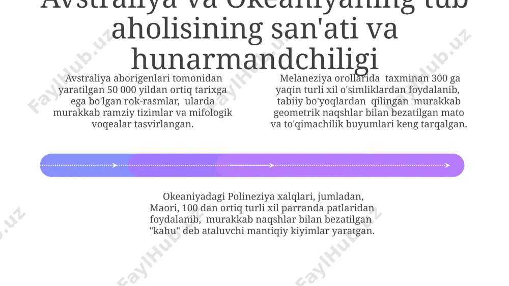 xil tillar mavjud boʻlib, bu dunyodagi eng yuqori tillar xilma-xilligini namoyish etadi, ularning aksariyati xavf ostida. okeaniyaning orollari aholisi: umumiy xususiyatlar add text add text add text add text add text add text okeaniya orollarining aholisi, asosan, melanez, polineziya va mikroneziya kabi kichik etnik guruhlarga bo'lingan bo'lib, ularning har biri o'ziga xos urf-odatlarga va an'analarga ega. taxminan 12 million kishi okeaniyaning orollarida istiqomat qilib, ularning aksariyati qirg'oq bo'ylarida va kichik orollarda yashaydi, bu ularning hayot tarzini belgilaydi. okeaniyaning orollari aholisi orasida 300 dan ortiq turli xil tillar va dialektlar mavjud bo'lib, bu mintaqaning boy madaniy xilma-xilligini aks ettiradi. avstraliya va okeaniyaning tub aholisining diniy e'tiqodi 01 02 03 okeaniyaning melaneziya mintaqasida, "cargo cults" deb nomlangan sincretic dinlari mavjud boʻlib, ular 20-asrda paydo boʻlgan va gʻayritabiiy vositalar orqali boylik kelishini va'da qiladi. avstraliya aborigenlari orasida 60 dan ortiq turli xil “dreaming” yoki “ruhiy dunyo” tushunchalari mavjud boʻlib, ular yer, suv va …