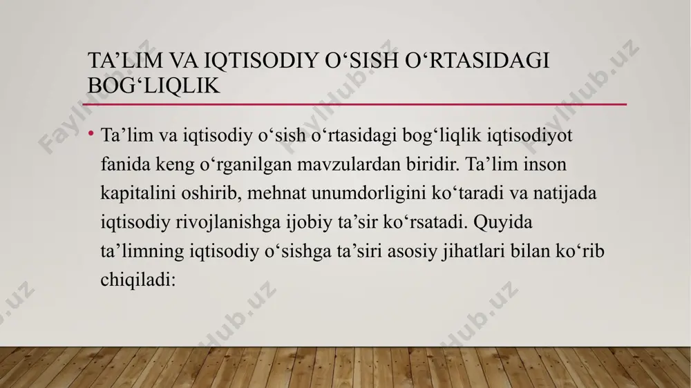 iqtisodiy o‘sishdagi ahamiyatini ta’kidlagan. • uning fikriga ko‘ra, mehnat taqsimoti va malakali ishchi kuchi ishlab chiqarish samaradorligini oshiradi. • bilim va tajriba jamiyatdagi umumiy farovonlikka ta’sir ko‘rsatadi. 2. robert solou (1924–) – neoklassik o‘sish modeli asosiy asari: “a contribution to the theory of economic growth” (1956) • solou modeli iqtisodiy o‘sishni kapital, mehnat va texnologik taraqqiyotga bog‘laydi. • ushbu modelda ta’lim bilvosita ahamiyat kasb etadi, chunki texnologik taraqqiyotni o‘zlashtirish uchun malakali ishchi kuchi kerak. • nobel mukofoti sovrindori (1987). 3. garri bekker (1930–2014) – inson kapitali nazariyasi asosiy asarlari: “human capital” (1964) • ta’limni sarmoya sifatida ko‘rib chiqqan va inson kapitalining iqtisodiy o‘sishga ta’sirini tushuntirgan. • ta’lim olgan odamlarning daromadi yuqoriroq bo‘lishi va ularning mehnat unumdorligi oshishi haqida ilmiy dalillar keltirgan. • nobel mukofoti sovrindori (1992). 4. teodor shults (1902–1998) – inson kapitali va qishloq xo‘jaligi asosiy asari: “transforming traditional agriculture” (1964) • inson kapitaliga sarmoya kiritish iqtisodiy o‘sishga ijobiy …