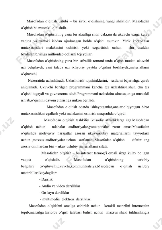 pib,manzilga kirib,bu o’qish talabasi bulish uchun maxsus shakl tuldirishingiz zarur.keyin kredit kartochkangizni raqamini kiritishingiz zarur. muzokara asosan elektron pochta orkali amalga oshiriladi.o’qish jarayonida talaba darsliklardan,elektron kutubxona va darsliklardan, elektron formulalardan, videokonferentsiyalardan foydalanadi.bun da o’qish indvidual shaklda olib briladi. maxsus programmmalar asosida multimedia vositalari va kameralar bilan jixoslangan ikki yoki un dan ortik kompyuterlar yordamida tibbiyot markazlari urtasida vidiokonferentsiyalar tashkil etish mumkin. respublikamizda bir nechta elektron rastalar mavjud.http ://www.urshop.uz –stiv kompaniyasi elektron rastasi, kompyuter va ofis anjomlari. korxonalar tezkor uzgartishlar kiritib,harajatlarni kamaytirishga kirishdilar.natijada elektron ofislar yaratildi.elektron ofislar korxona ishida ko’pgina kulayliklar yaratdi. bu xujatlar bilan ishlash;korxona ma‘lumotlar bazasini ochiq tizimi yaratilganligi; korxona ishchilari barcha yangiliklardan va jarayonlardan ixtiyoriy joyda, ofisda, uyida va safarda bulishi va kuzatish imkoniyatiga egaligidir. korxonalar tezkor uzgartishlar kiritib ,harajatlarni kamaytirishga kirishdalar. natijada elektron ofislar yaratildi.elektron ofislar korxona ishida ko’pkina kulayliklarni yaratdi. bu- xujjatlar bilan ishlash, korxona ma‘lumotlar bazasini ochiq tizimi yaratilganligi, korxona ishchilari barcha yangiliklardan va jarayonlardan …
